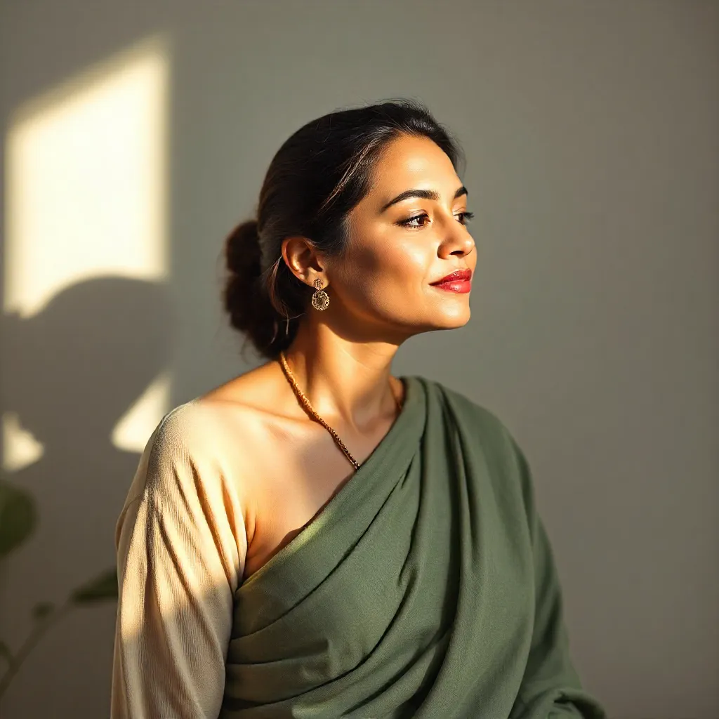 A woman with dark hair pulled back and wearing a green sari with gold earrings and necklace, looking to the side with a gentle smile.
