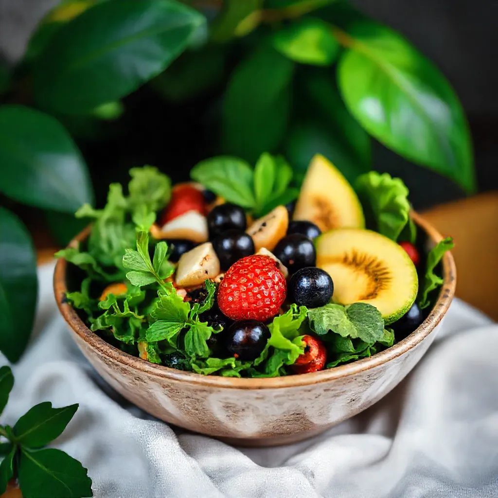 A bowl of fresh mixed fruit salad with strawberries, blueberries, sliced kiwi, and other fruits, garnished with green leafy herbs.