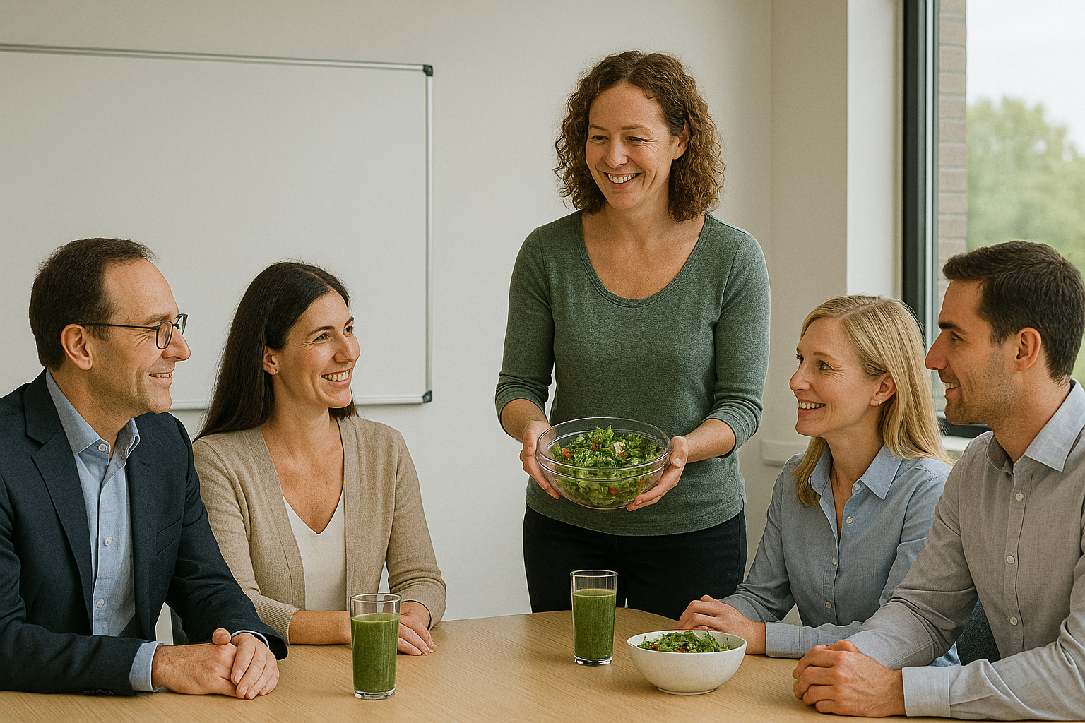 A woman holding a bowl of salad presents to four seated people at a table, who smile and listen attentively inside a bright room with large windows.