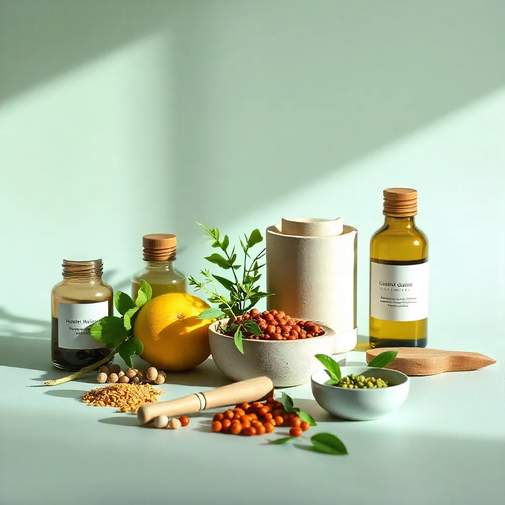 Herbal medicine ingredients and supplies including bottles, lemon, herbs, spices, and a wooden pestle on a light green surface with natural light.