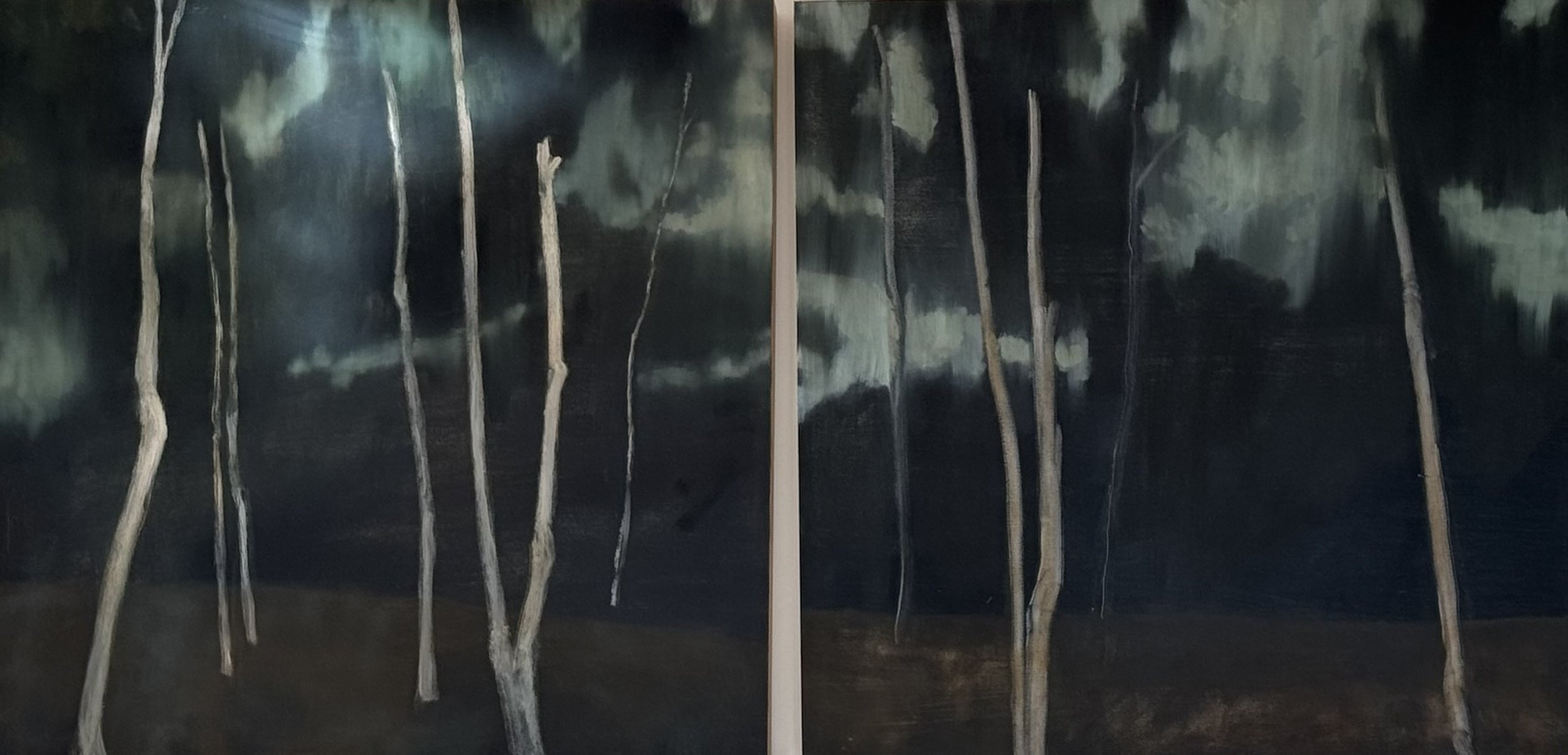 Birch Tree Ghosts.diptych. oil on panel. each 30x30