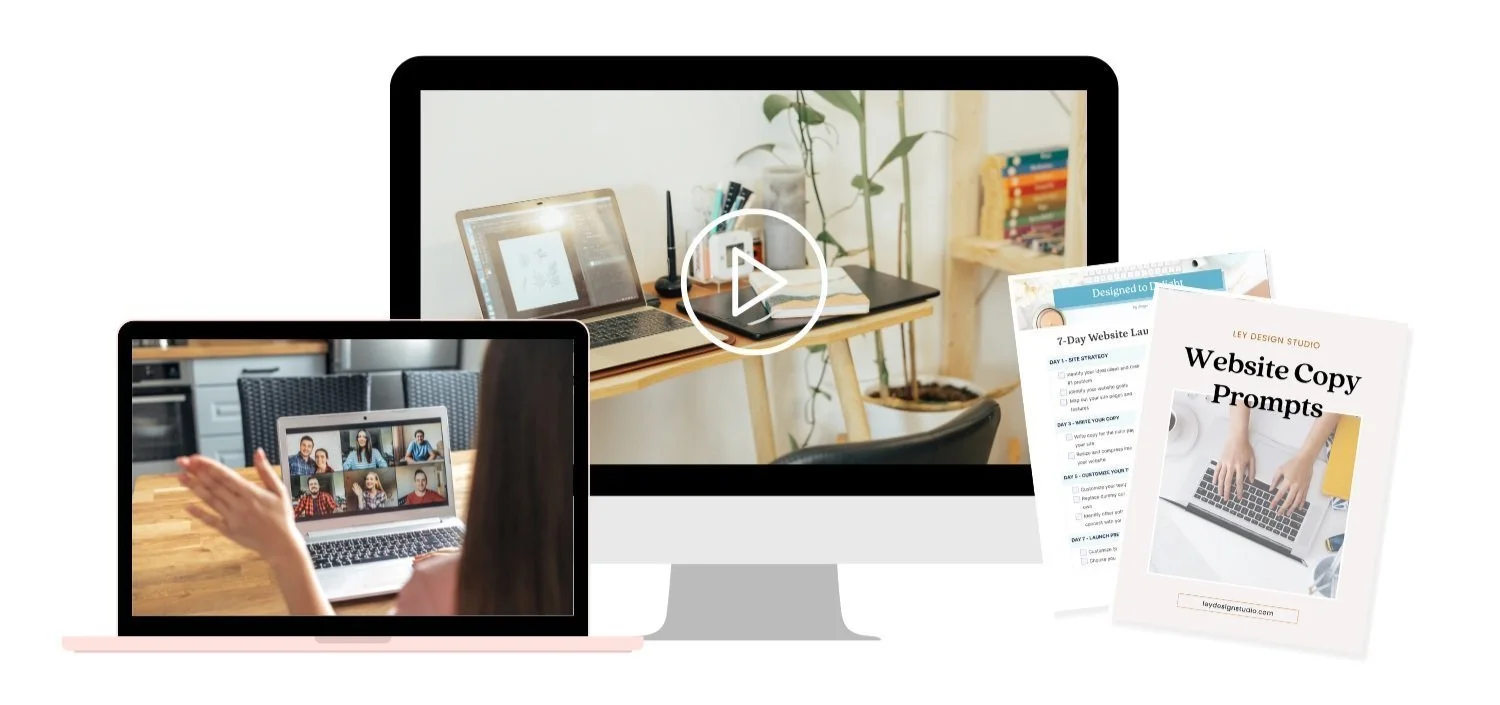 A laptop and a desktop monitor display online meeting scenes, surrounded by website planning worksheets and a hand raising during a video conference.