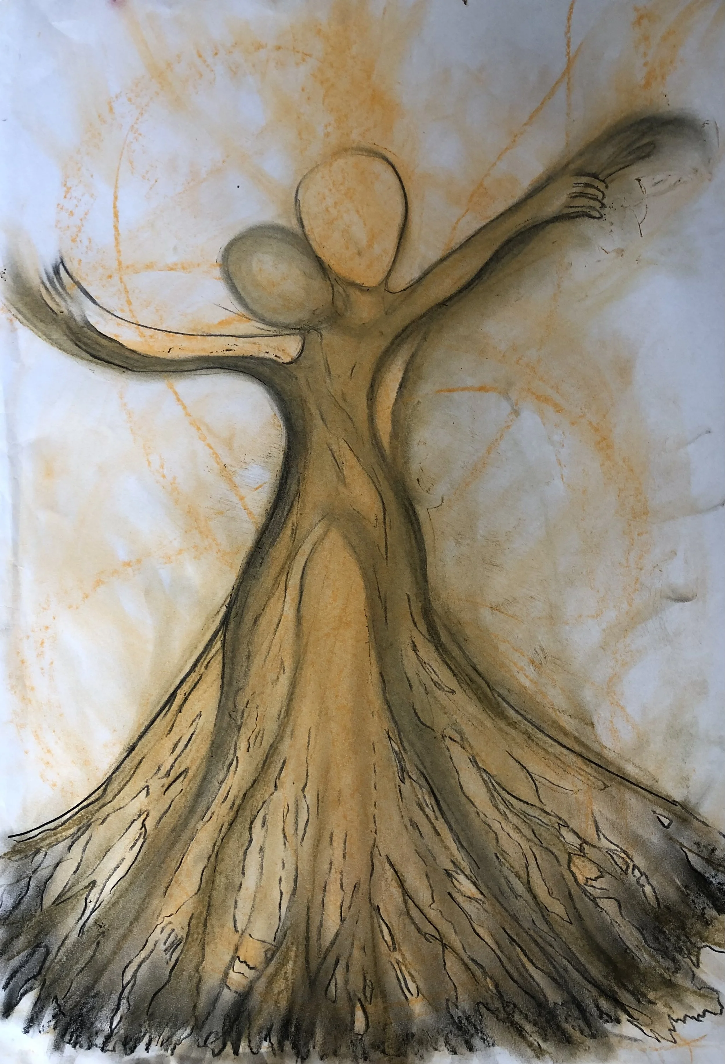 Abstract drawing of a tree with human-like figures, blending into branches and roots.