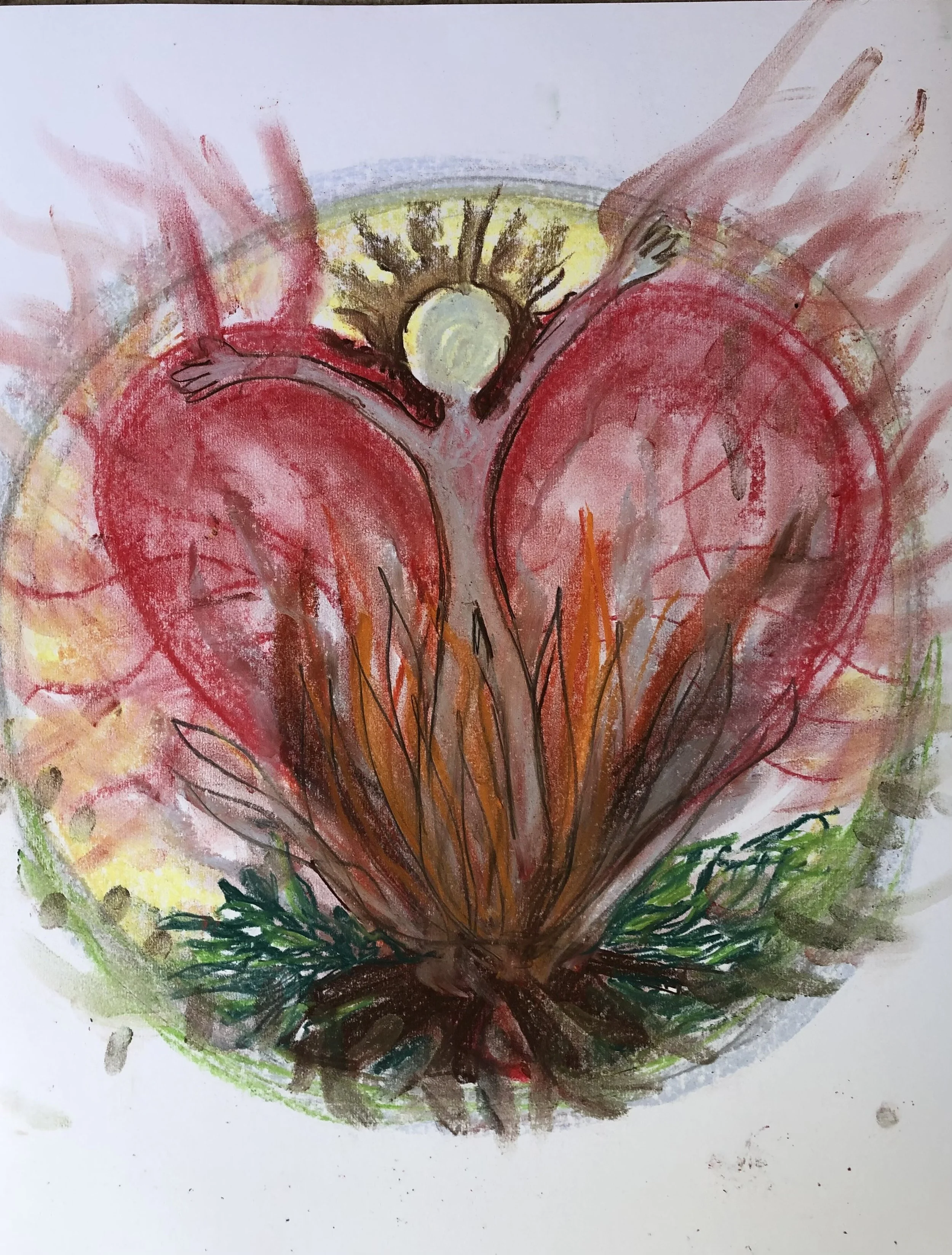 Watercolor painting of a person with arms outstretched inside a heart shape, with a glowing circle above head and tree-like lines extending downward, surrounded by vibrant colors.