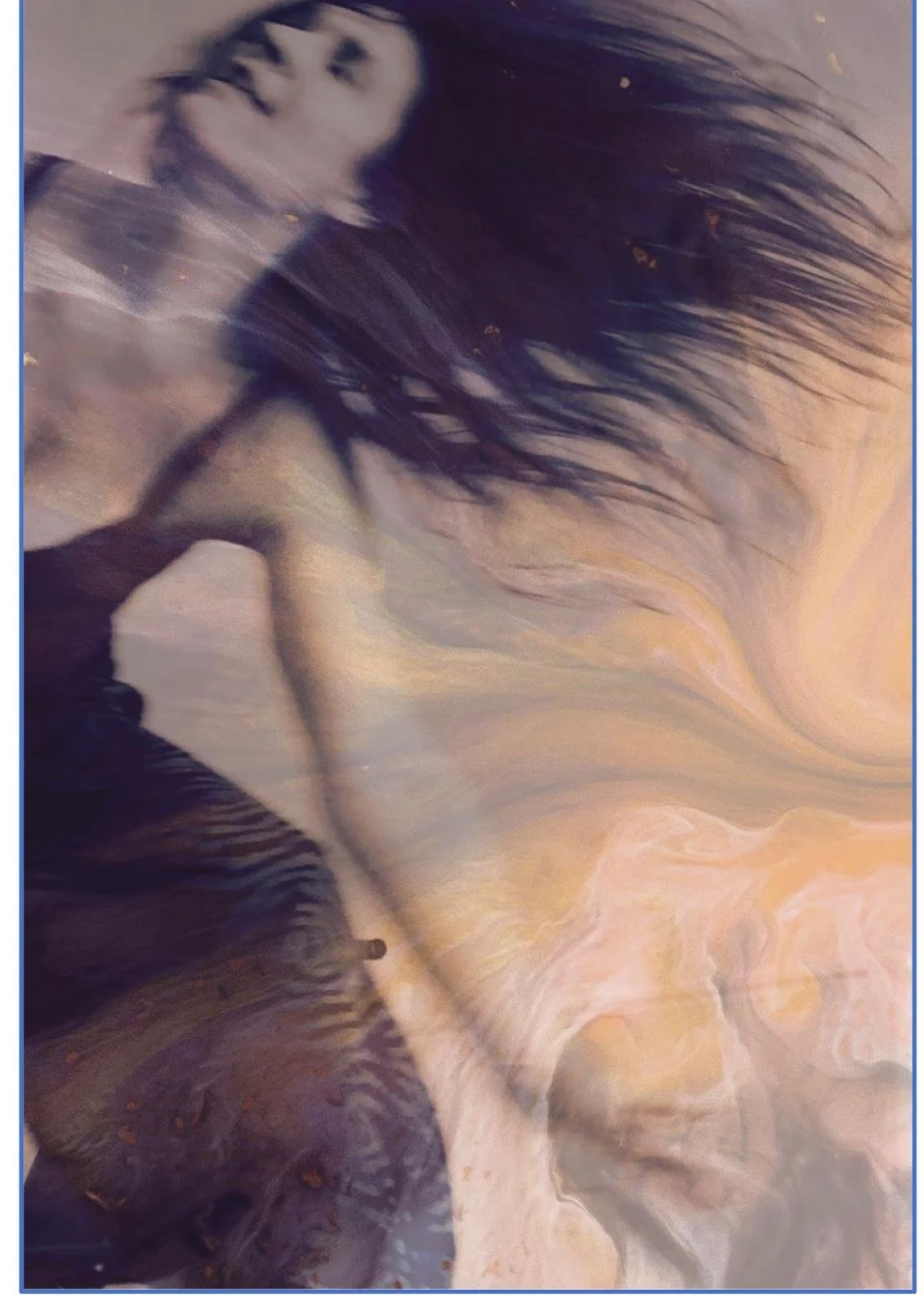 A person with long dark hair, wearing a light-colored top, standing against a swirling pastel-colored background.