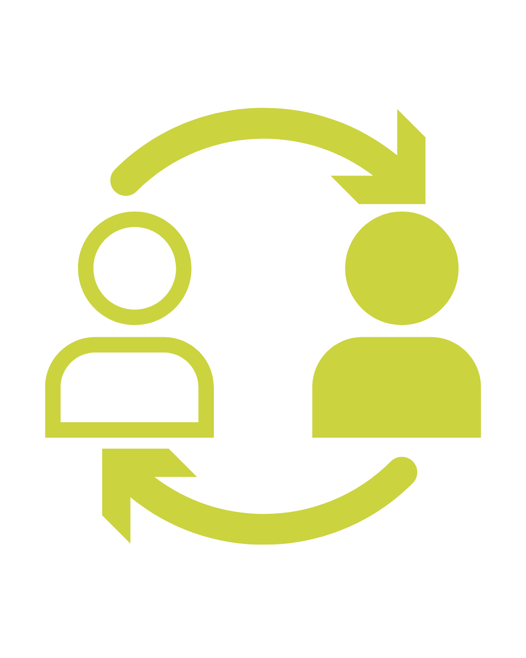 Green icon showing two simplified human figures exchanging arrows, representing a user exchange or transfer process.