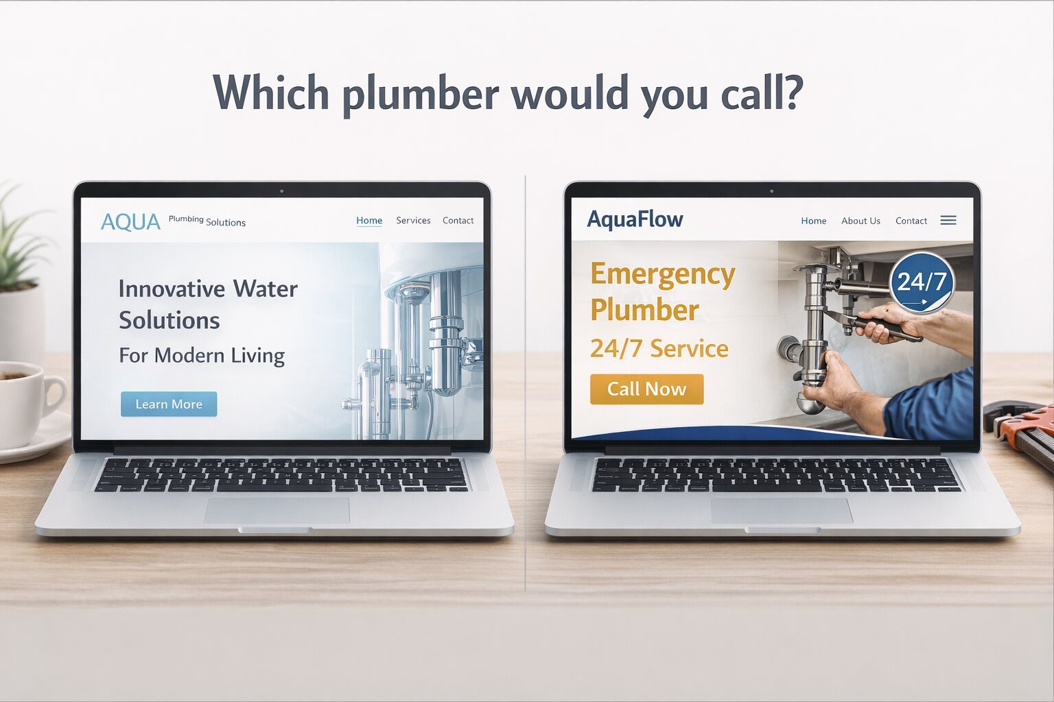 Two laptops open to the homepage of two fictional plumbing companies