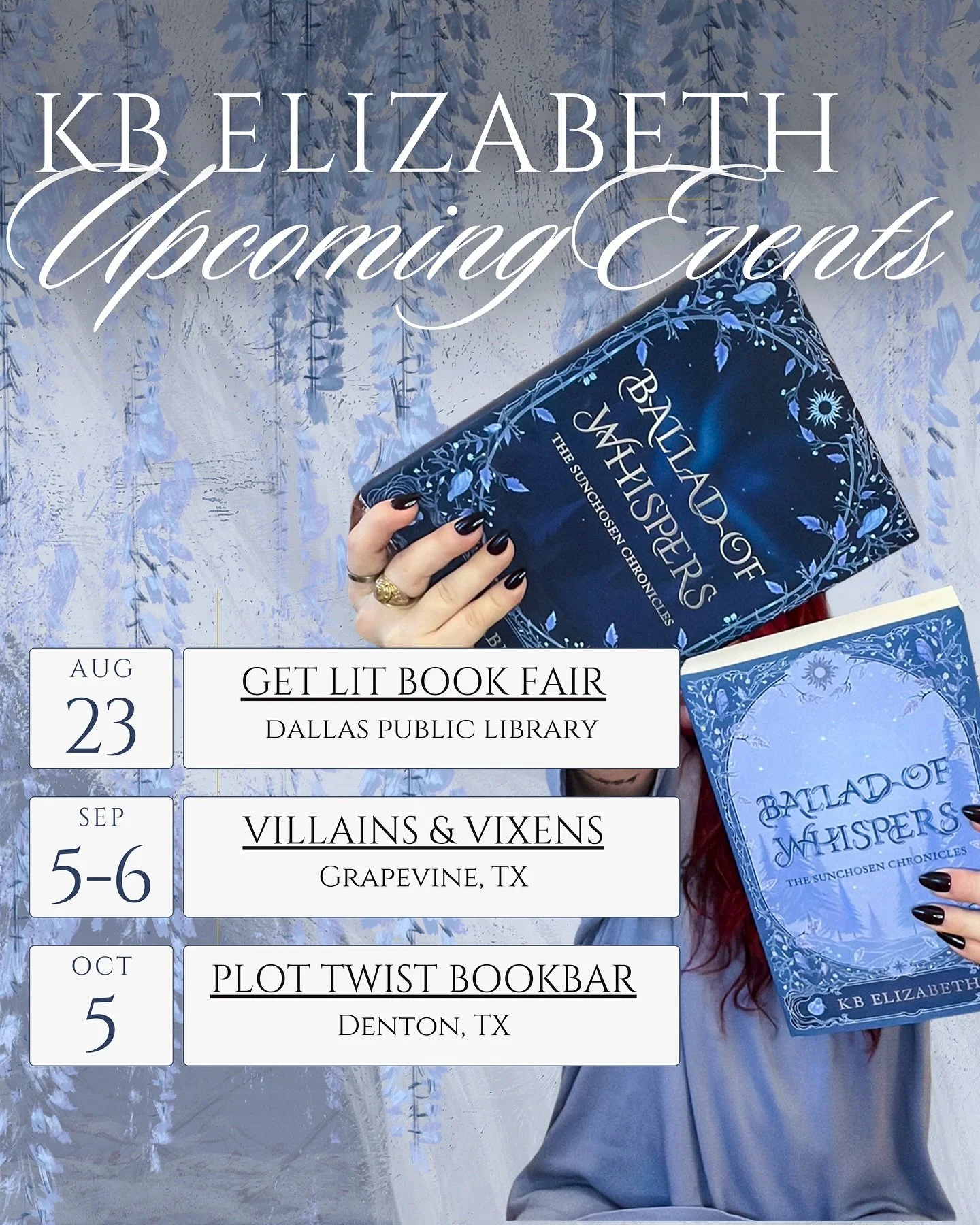 Upcoming events!!! ☀️❄️

I am so excited for the upcoming signings &amp; vendor events I&rsquo;ll be attending: @getlit.bookfair, @villainsandvixens, and a signing at @theplottwistbookbar! 

Being able to meet you guys and yap about all our favorite 