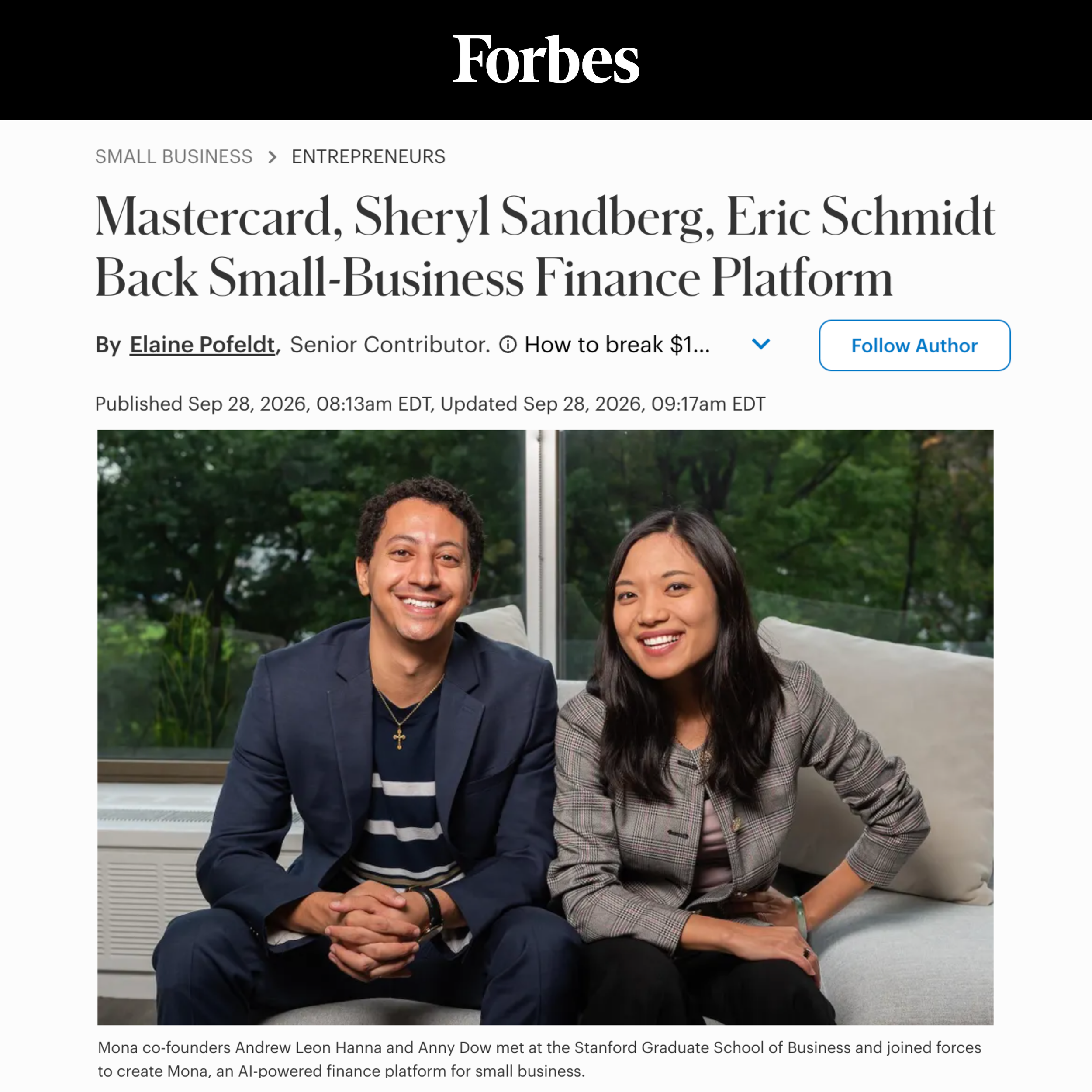 Forbes: Mastercard, Sheryl Sandberg, Eric Schmidt Back Small-Business Finance Platform
