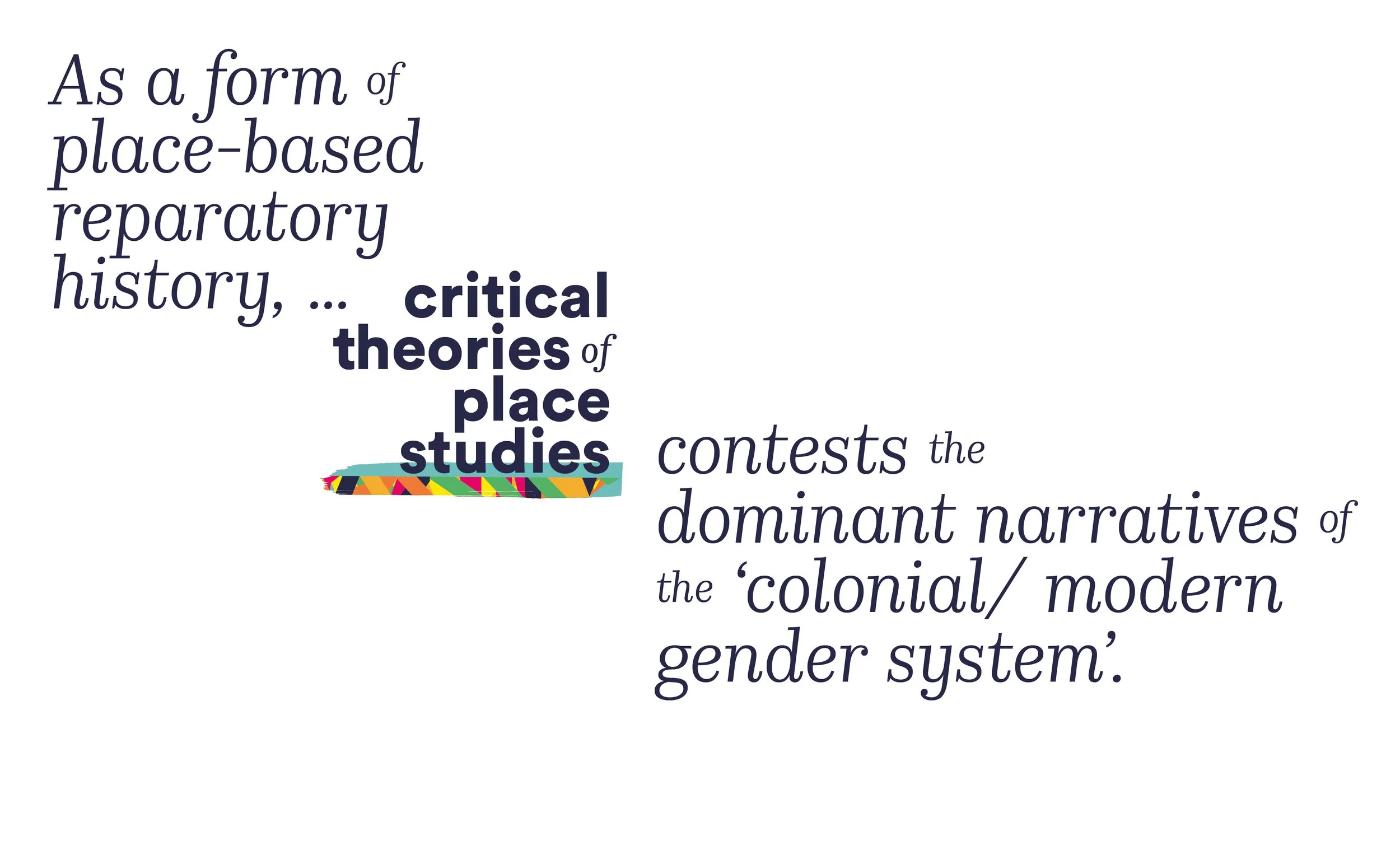 Quote about place-based reparatory history, theories of place studies, and dominant narratives of colonial and modern gender systems with colorful decorative element under the word 'place.'