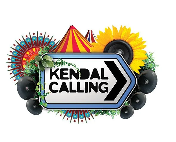 Logo for 'Kendal Calling' with colorful carnival tents, sunflowers, speakers, and decorative fireworks in the background.