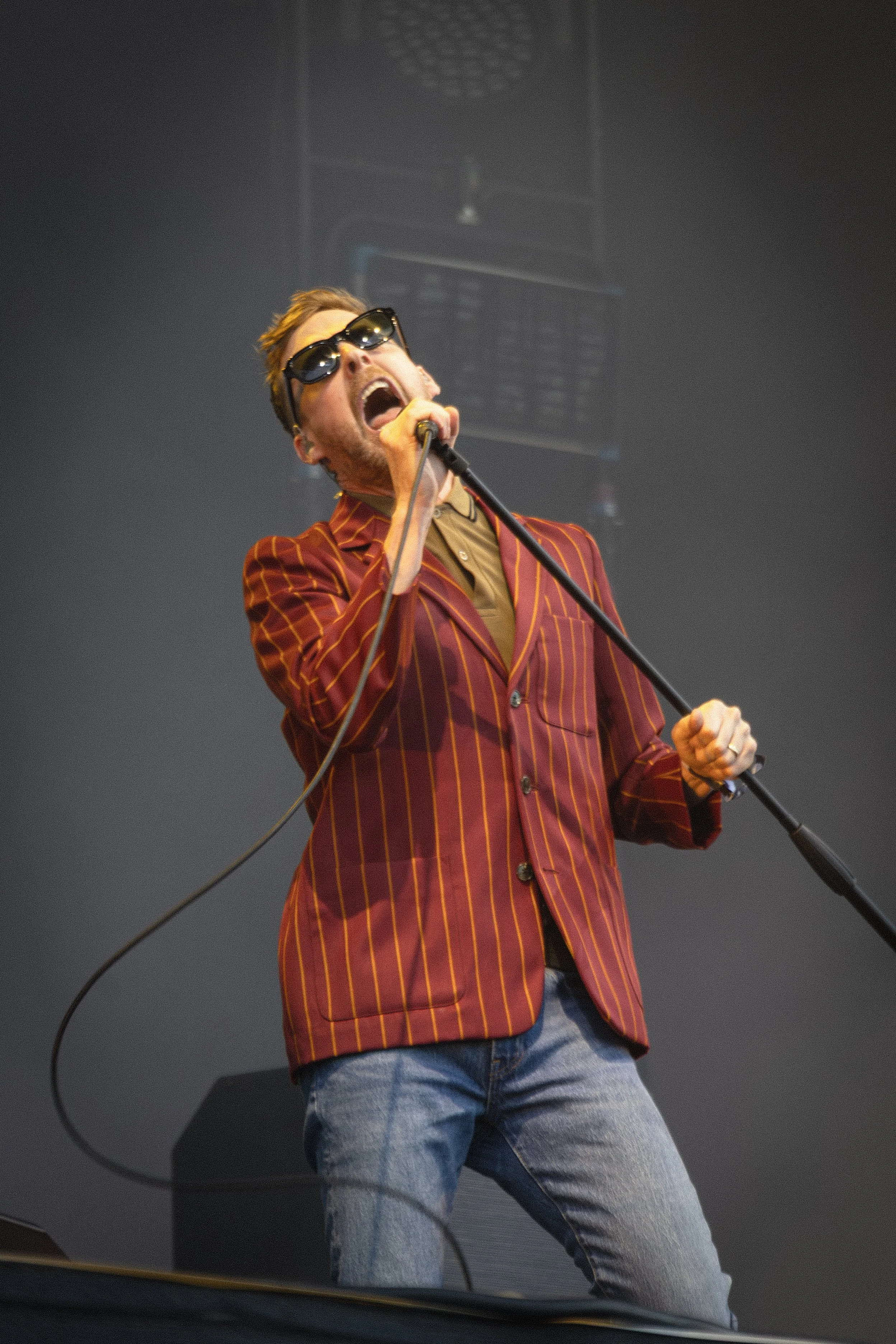 A man wearing sunglasses and a red striped blazer passionately singing into a microphone on stage, with a dark background and a monitor in the background.