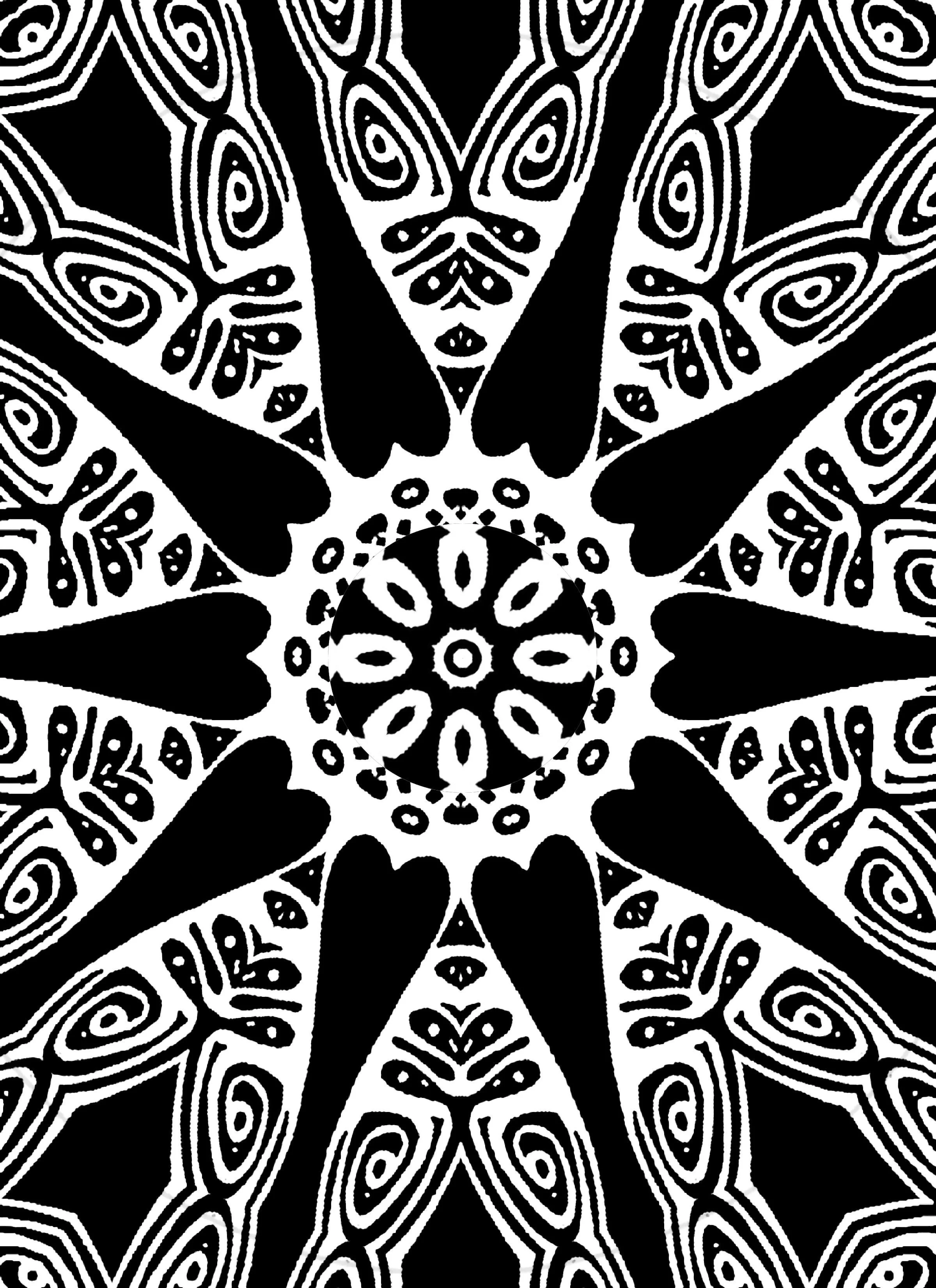 Black and white abstract mandala with intricate swirling patterns radiating from the center.