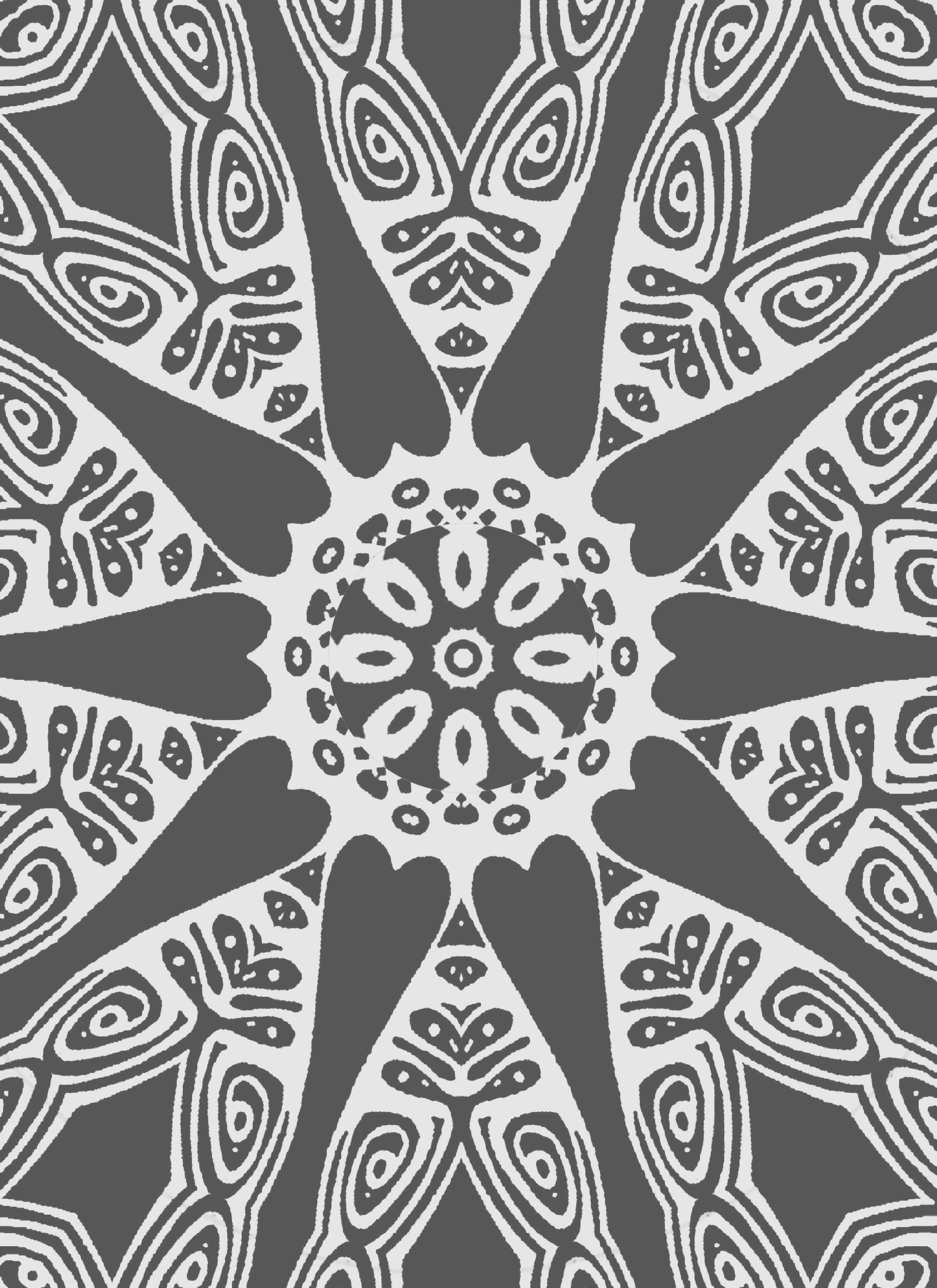 A black and white mandala with intricate, symmetrical patterns radiating from the center.