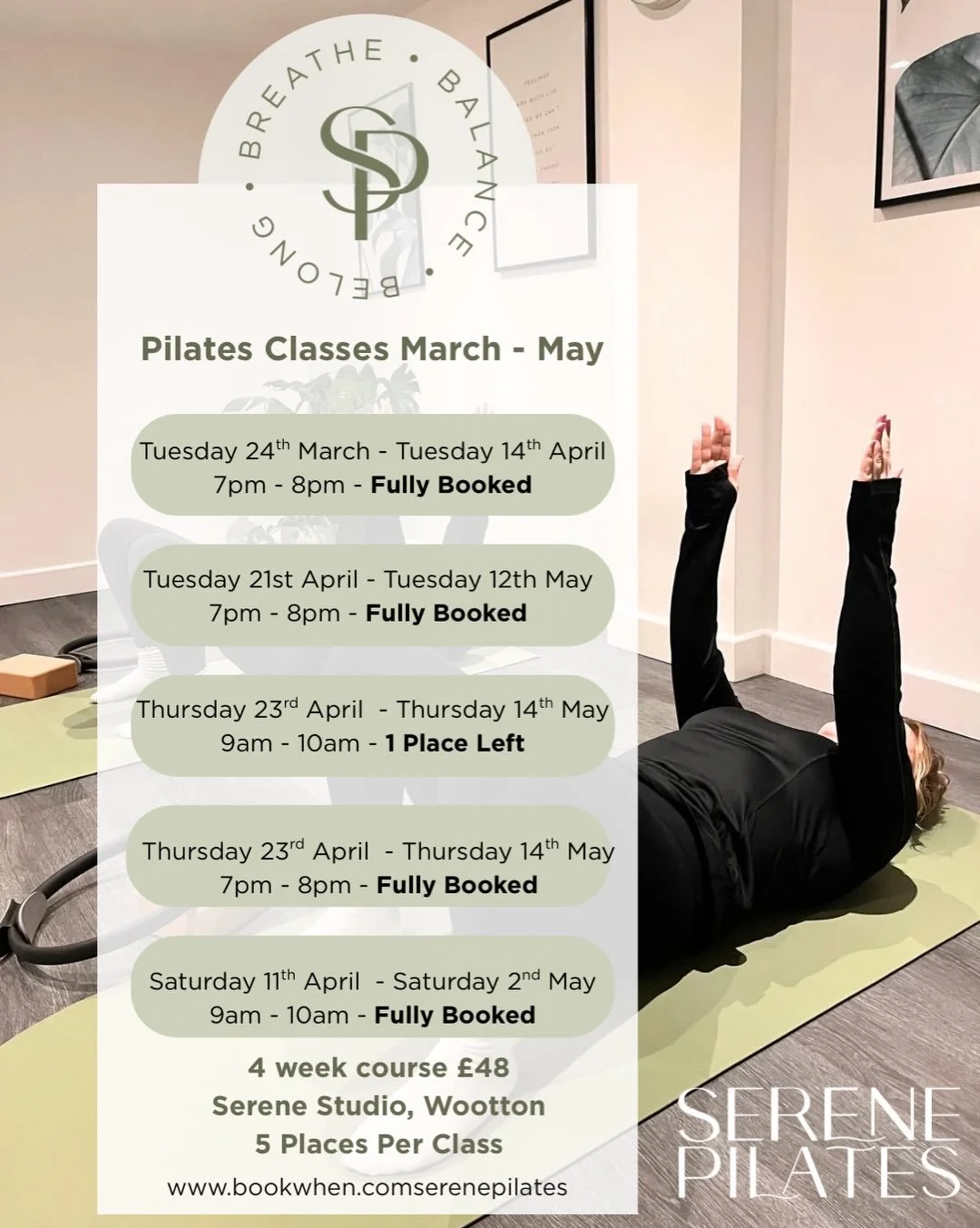 Only 1 place left on Thursday 23rd April 9am - 10am (4 week course) 

All other courses are now fully booked! 

Looking forward moving mindfully over the Spring. 

Link in bio to grab the last place ⬆️
https://bookwhen.com/serenepilates

Sareena 💫