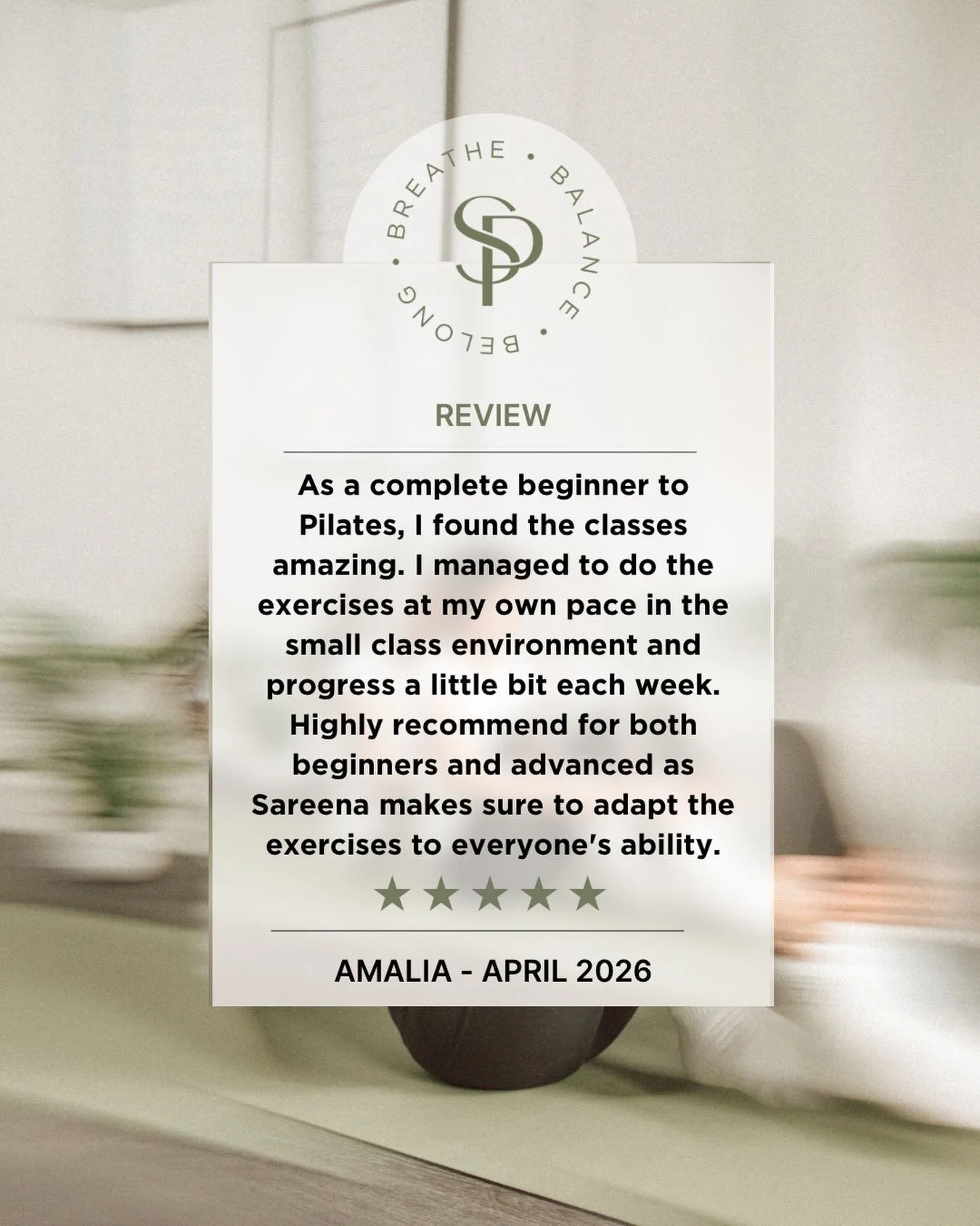 I appreciate it so much when you leave me a Google Review, this helps my business so much. 

It helps others to know your honest opinion from coming to class here at Serene Pilates. 

April - May - FULLY BOOKED 
June classes are now available to book