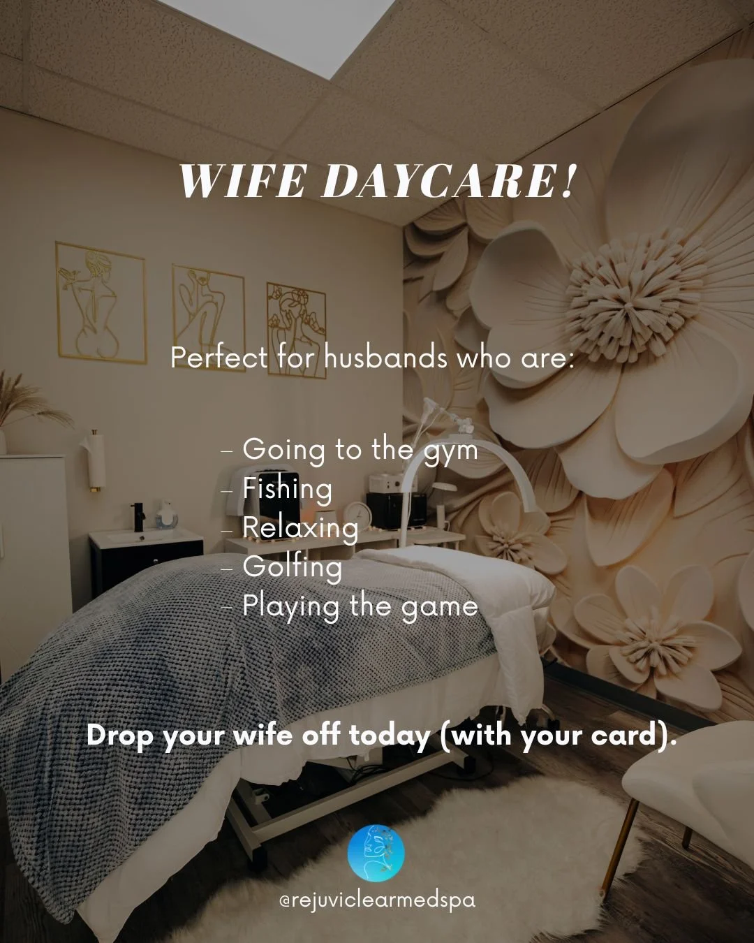Calling all husbands who need a quiet afternoon. Send your wife to RejuviClear &mdash; she returns refreshed, replenished, and rejuvenated.
.

.

.
📅 Book your appointment using the link in bio.

------- 

🍒 Payment plans available for services thr