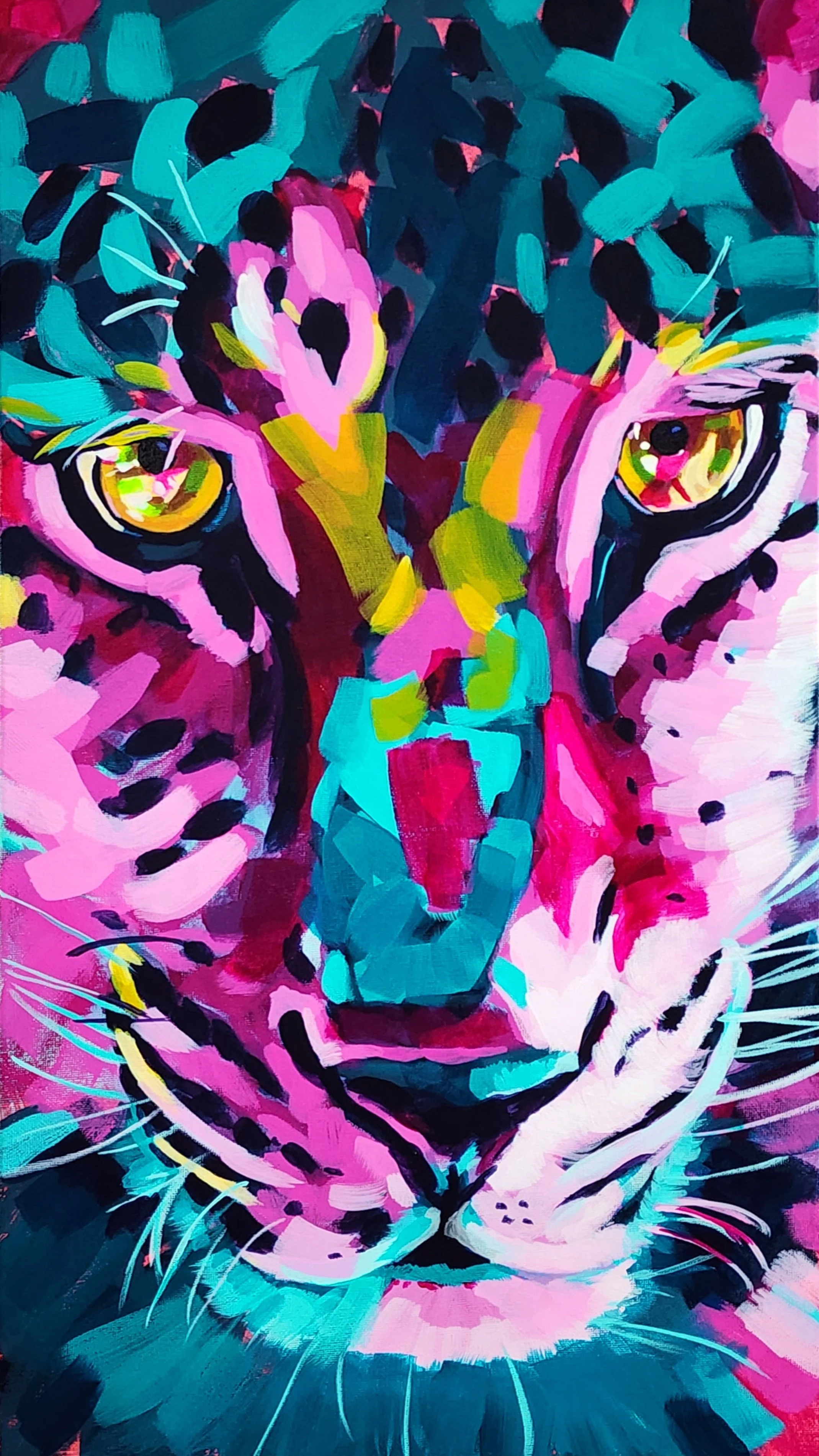 Bright, magenta, turquoise, and yellow painting of a Jag.