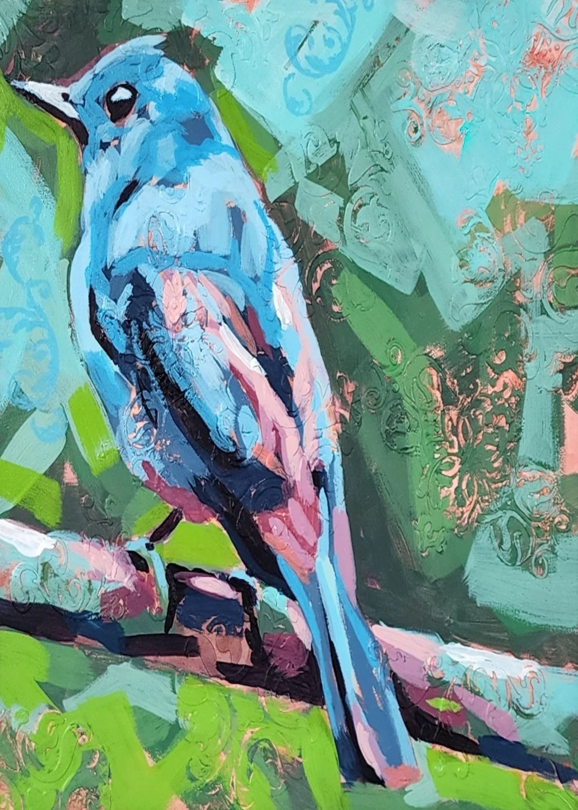 Colorful painting of a blue and pink bird on a branch against a textured green background.