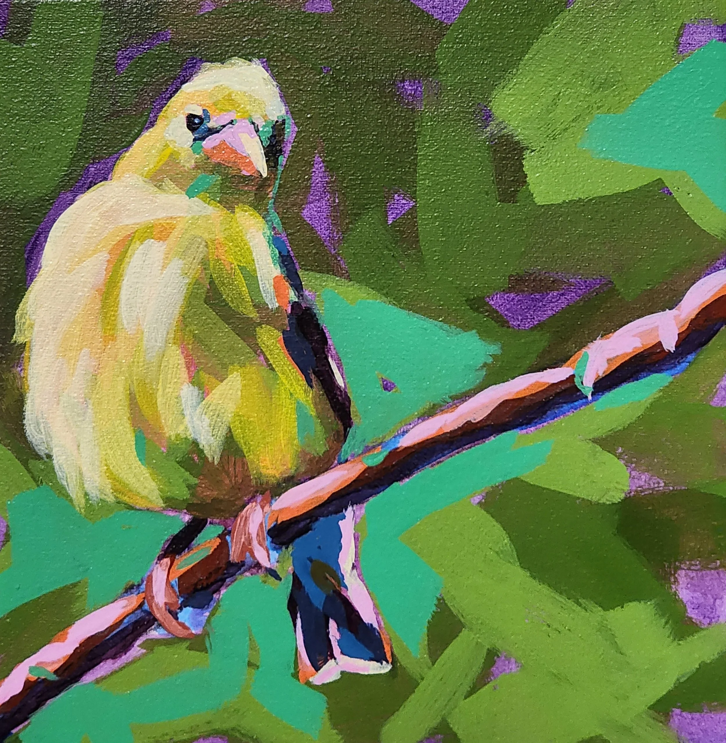 Colorful painting of a yellow bird perched on a branch with a vibrant green and purple background.