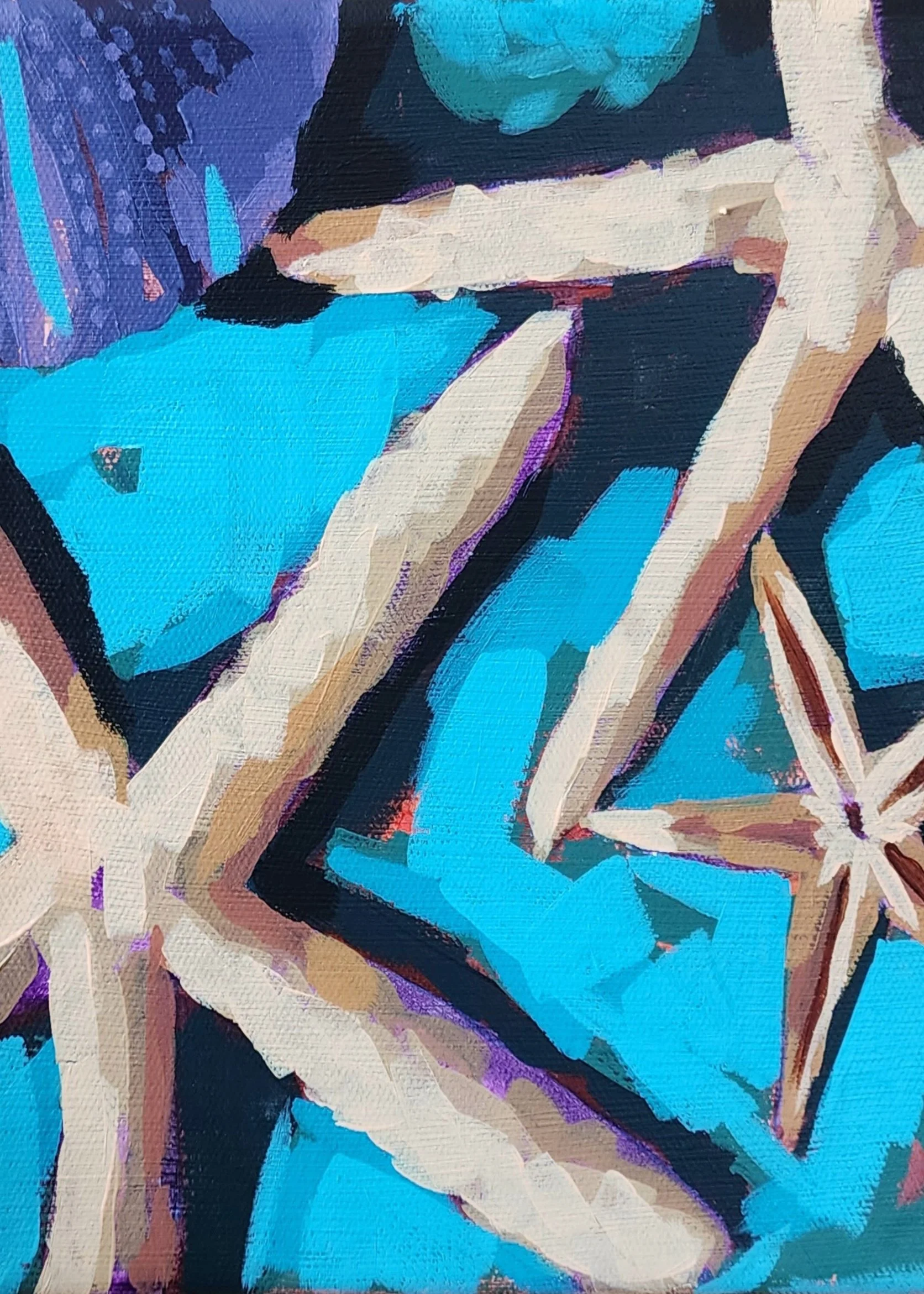 Abstract painting of starfish with blue and purple background.