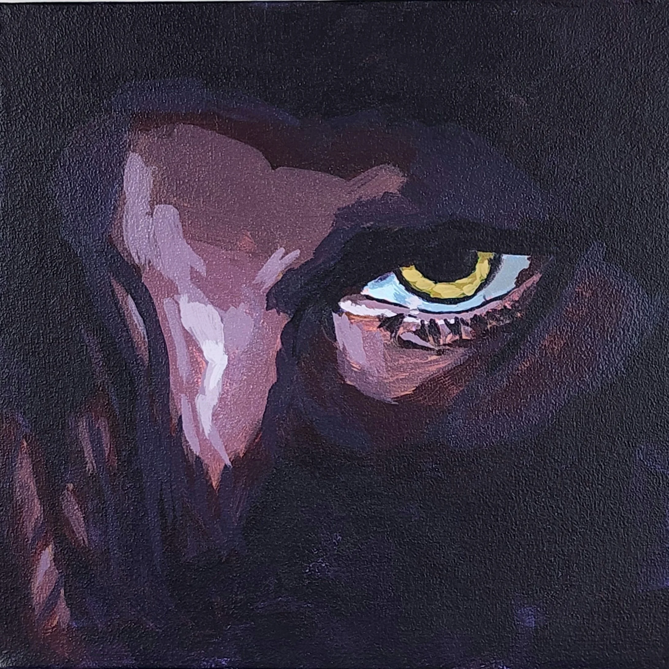 Close-up painting of a yellow eye with dark and shadowy surroundings, capturing an intense and mysterious gaze.