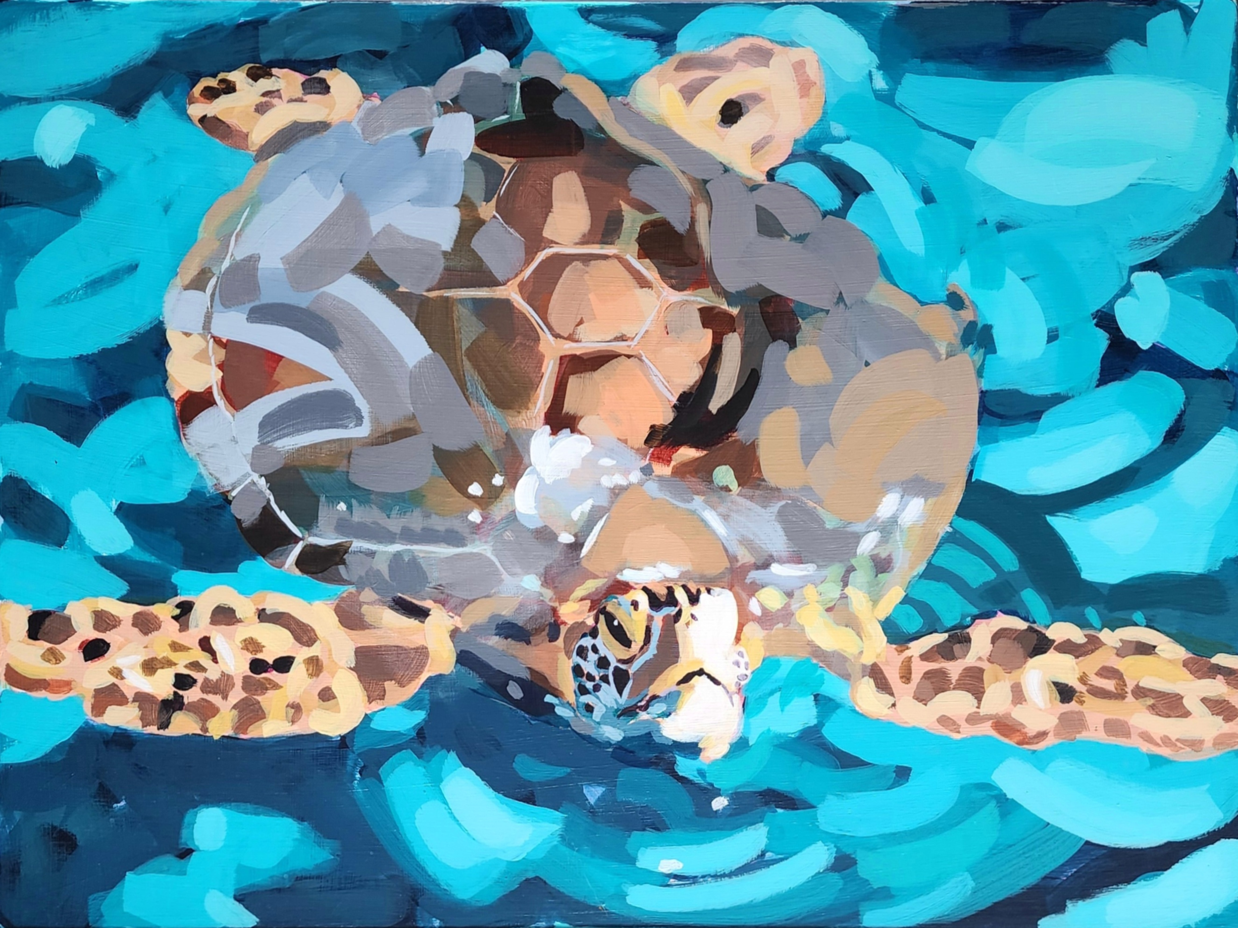 Painting of a sea turtle in blues, browns, and gray. 
