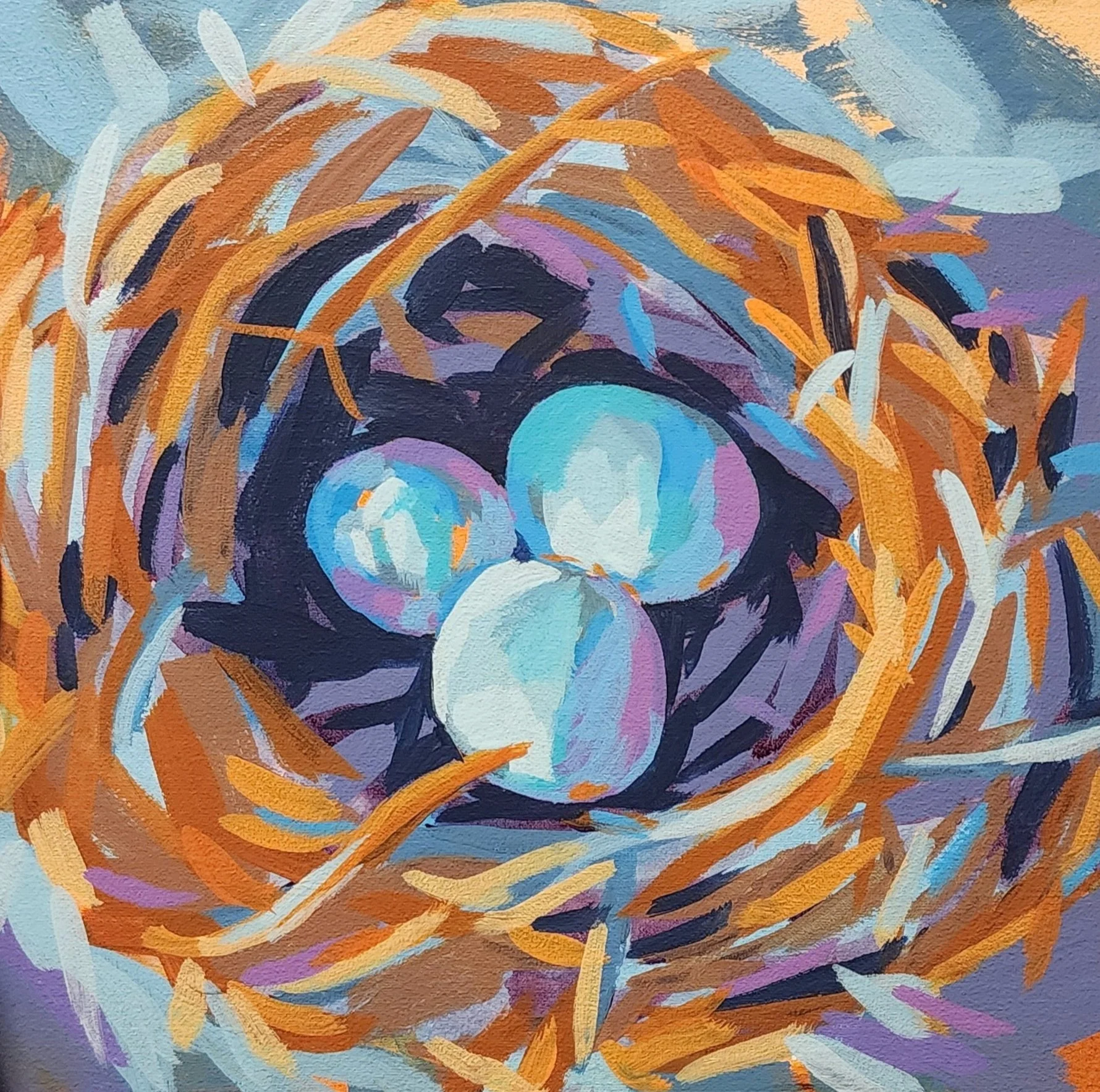 Colorful painting of a bird’s nest with three blue eggs inside.
