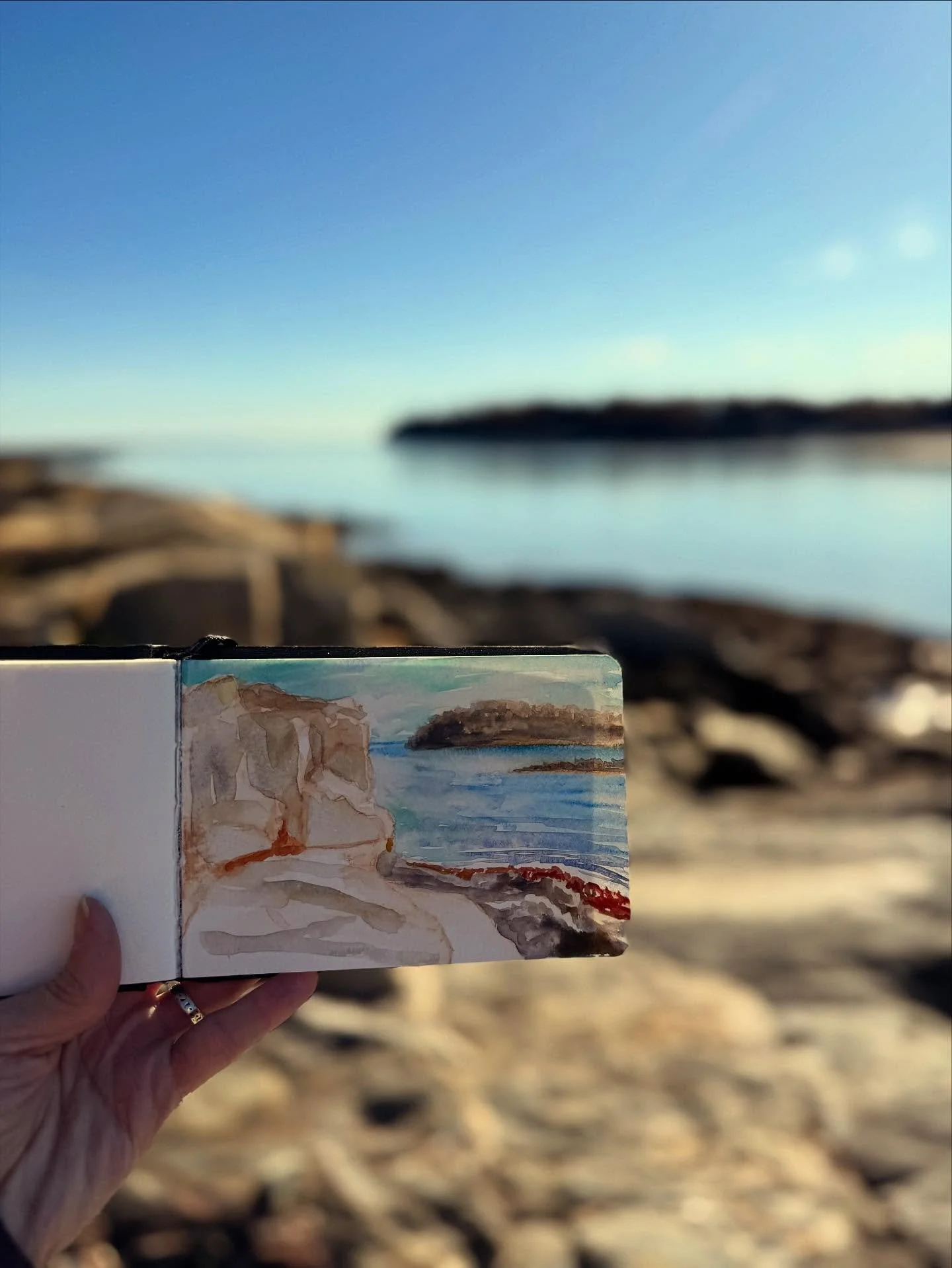 What did you do this weekend? We chased the sunshine to Maine. Sun sparkle on sea: a sure recipe for a creative recharge painting in my sketchbook on Peaks Island, on Casco Bay near Portland. We celebrated 35 years going to the Winslow Homer studio, 