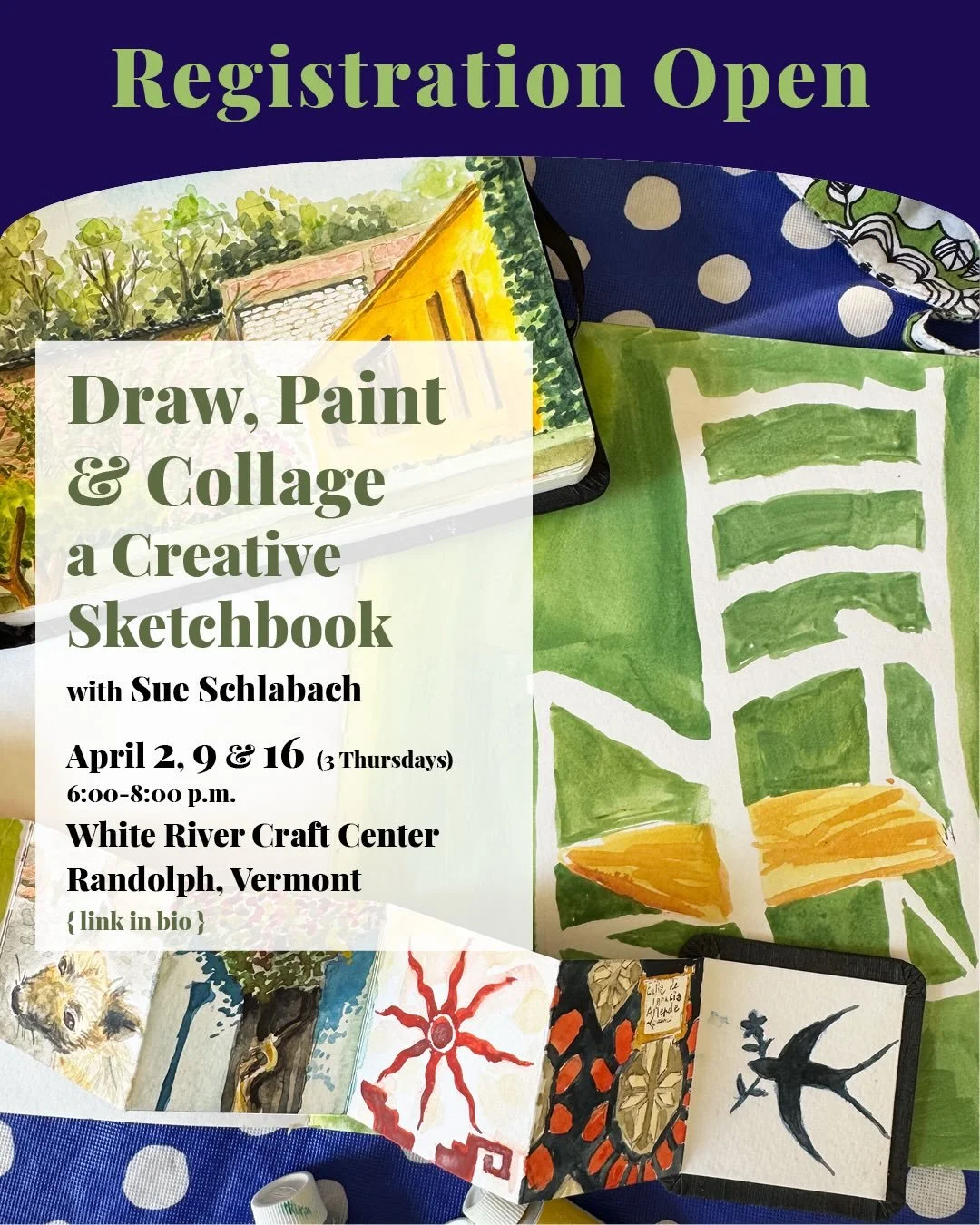 🌱Jump Start Your Art Habit This Spring

Draw, Paint, and  Collage a Creative Sketchbook

Register today { link in bio }

Tap more deeply into your own creative core through a variety of exercises and projects using various media. Use a sketchbook to