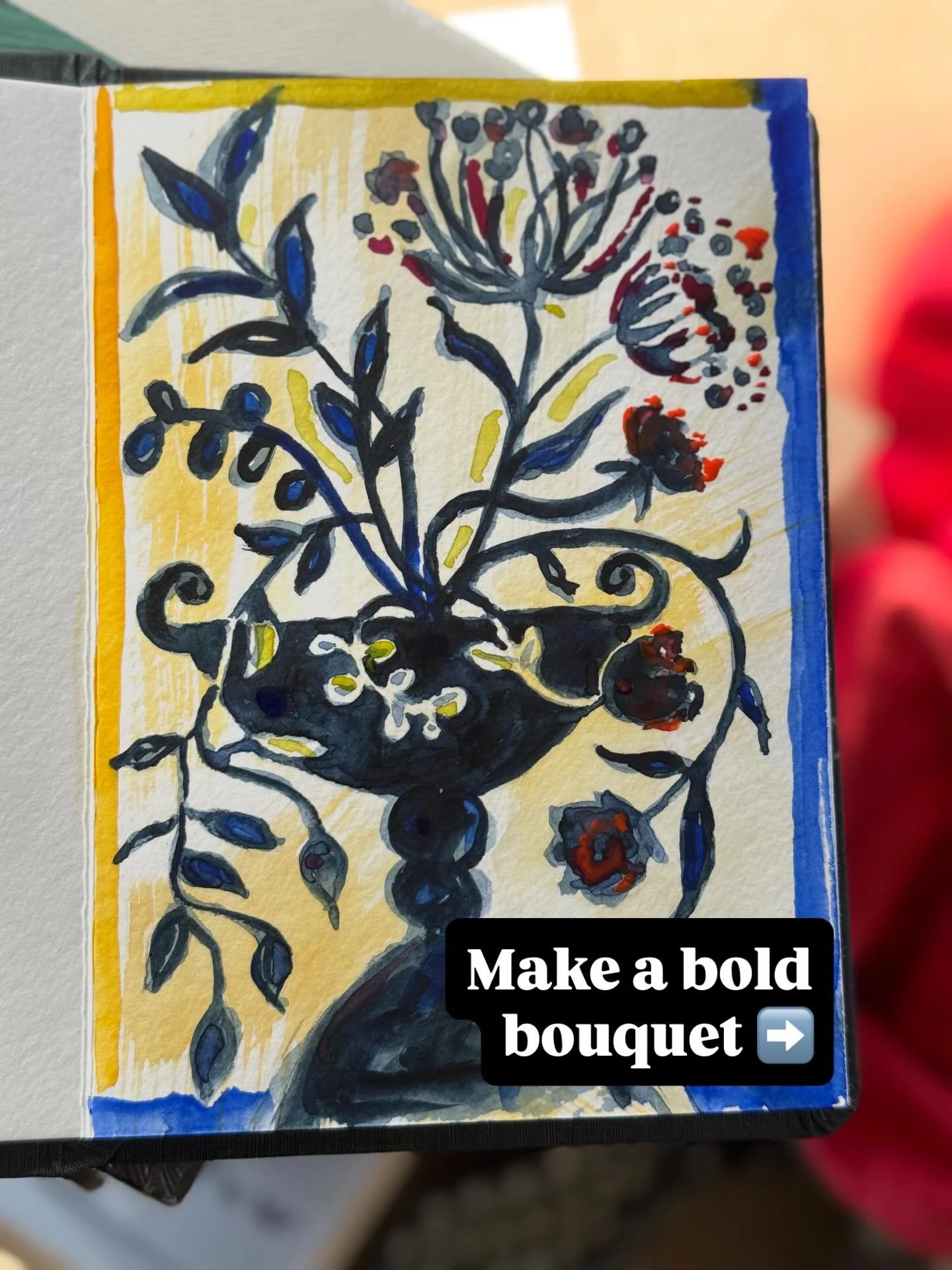 Tuesday Morning: before emails and calls and the inertia of the day. 
Make something up in Frixion pen: a fantastical weirdo bouquet that lives in your magical head. 
Add some washes. 
Get in the flow of painting in the spaces you&rsquo;ve scribbled.