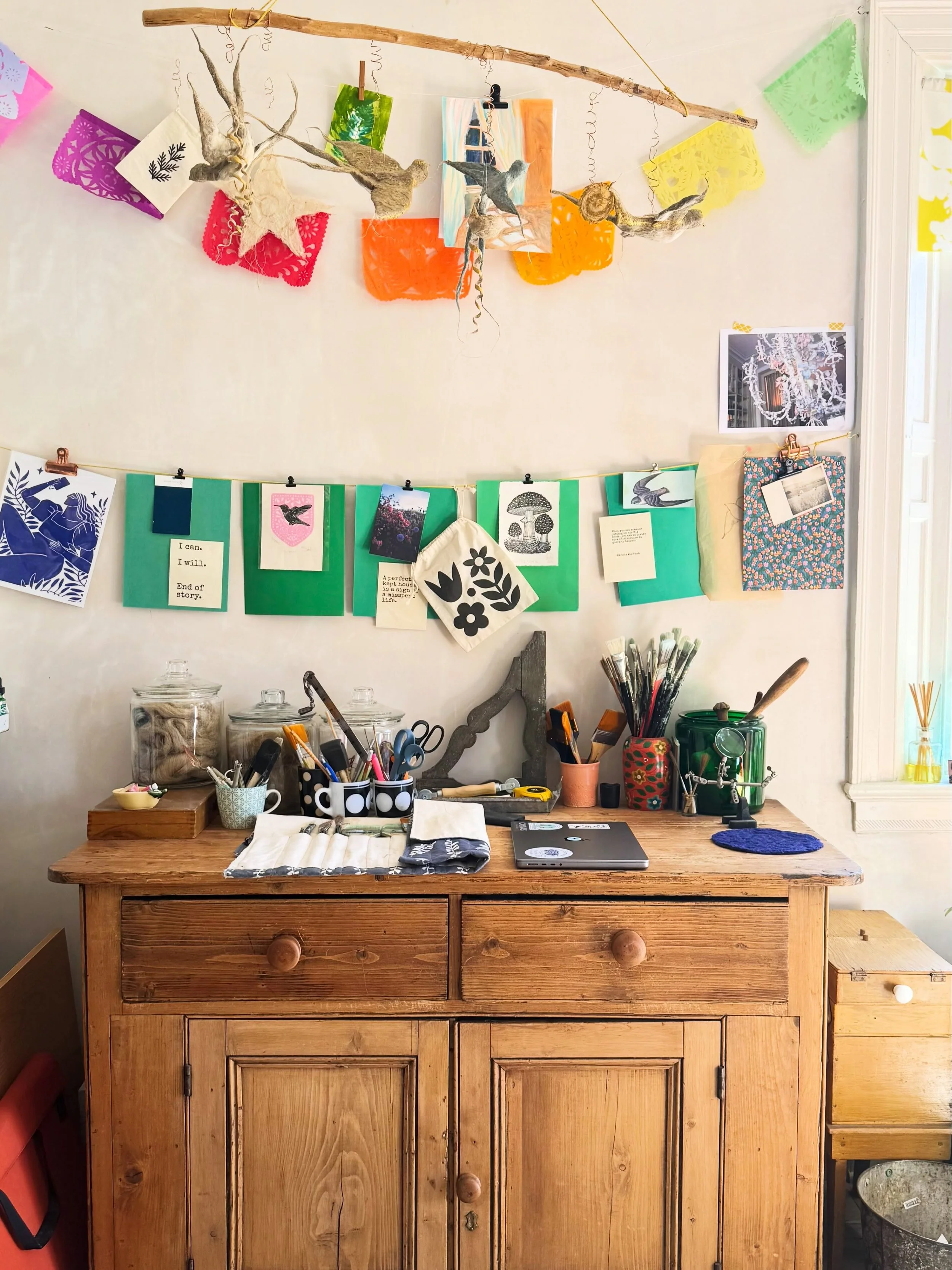 Studio reboot. When this scraped pine dresser appeared @kis_thrift_vt last week I could picture it reining in some clutter in my studio. It was worth sweating through the effort of moving furniture in July.