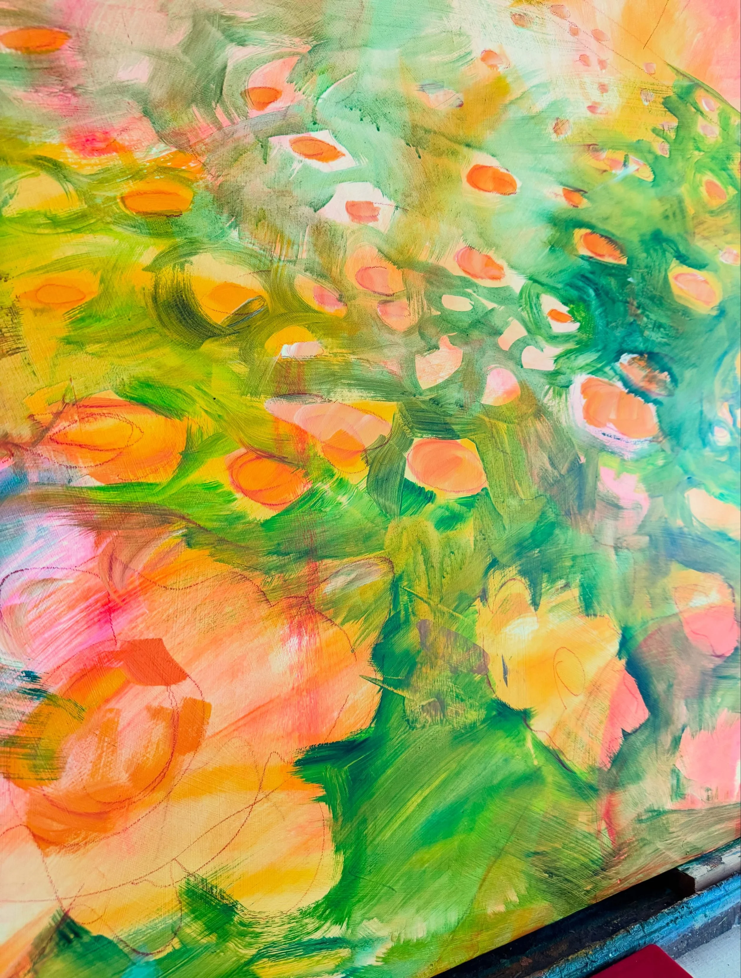 Couldn&rsquo;t sleep. All those zinnias swirled in my head until I got up and painted some on a 36x36 panel that&rsquo;s been waiting for them. 
#workinprogress #vermontpainter #thelittlebrickstudiovt