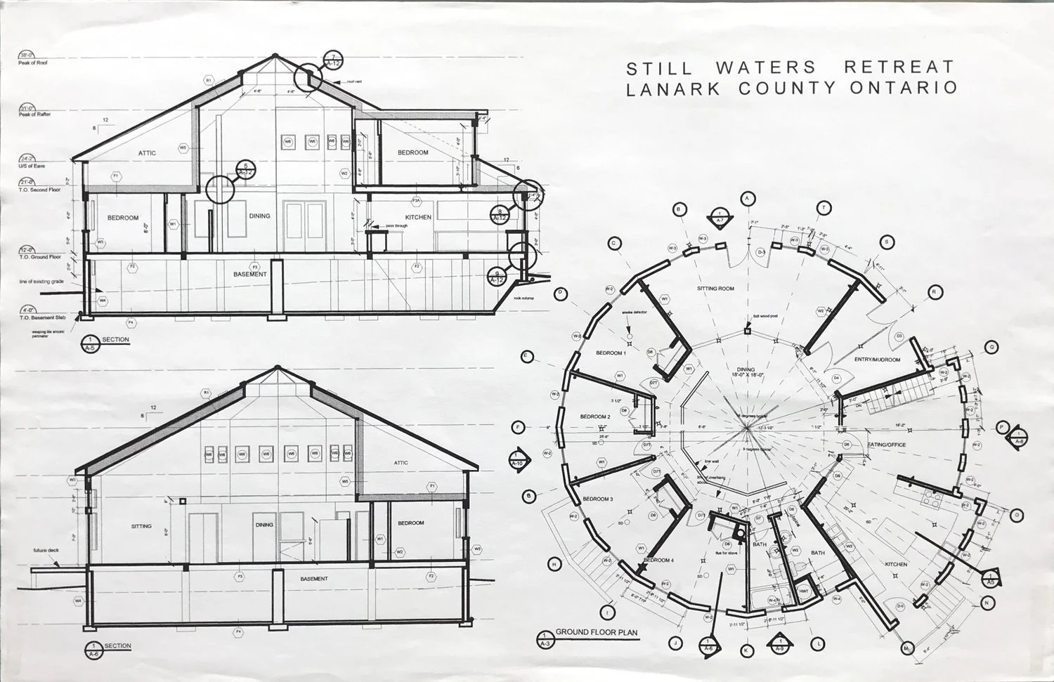 Architectural blueprint of a retreat house with floor plans, elevations, and circular ground floor plan, titled 'Still Waters Retreat, Lanark County, Ontario'.