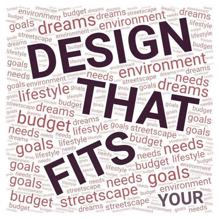 A word cloud with prominent words 'DESIGN,' 'IDEA,' 'STAY,' and 'LIFESTYLE' in bold, surrounded by related terms like 'dreams,' 'environment,' 'goals,' 'budget,' 'needs,' 'streetscape,' and 'environment' in various sizes and shades of red and purple.