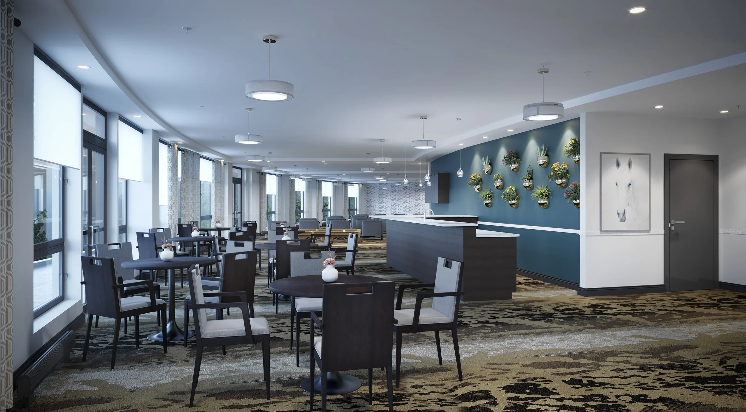 Interior of a modern dining area with multiple tables and chairs near large windows, decorated with small vases on each table, and a blue accent wall with mounted plant pots on the right side.