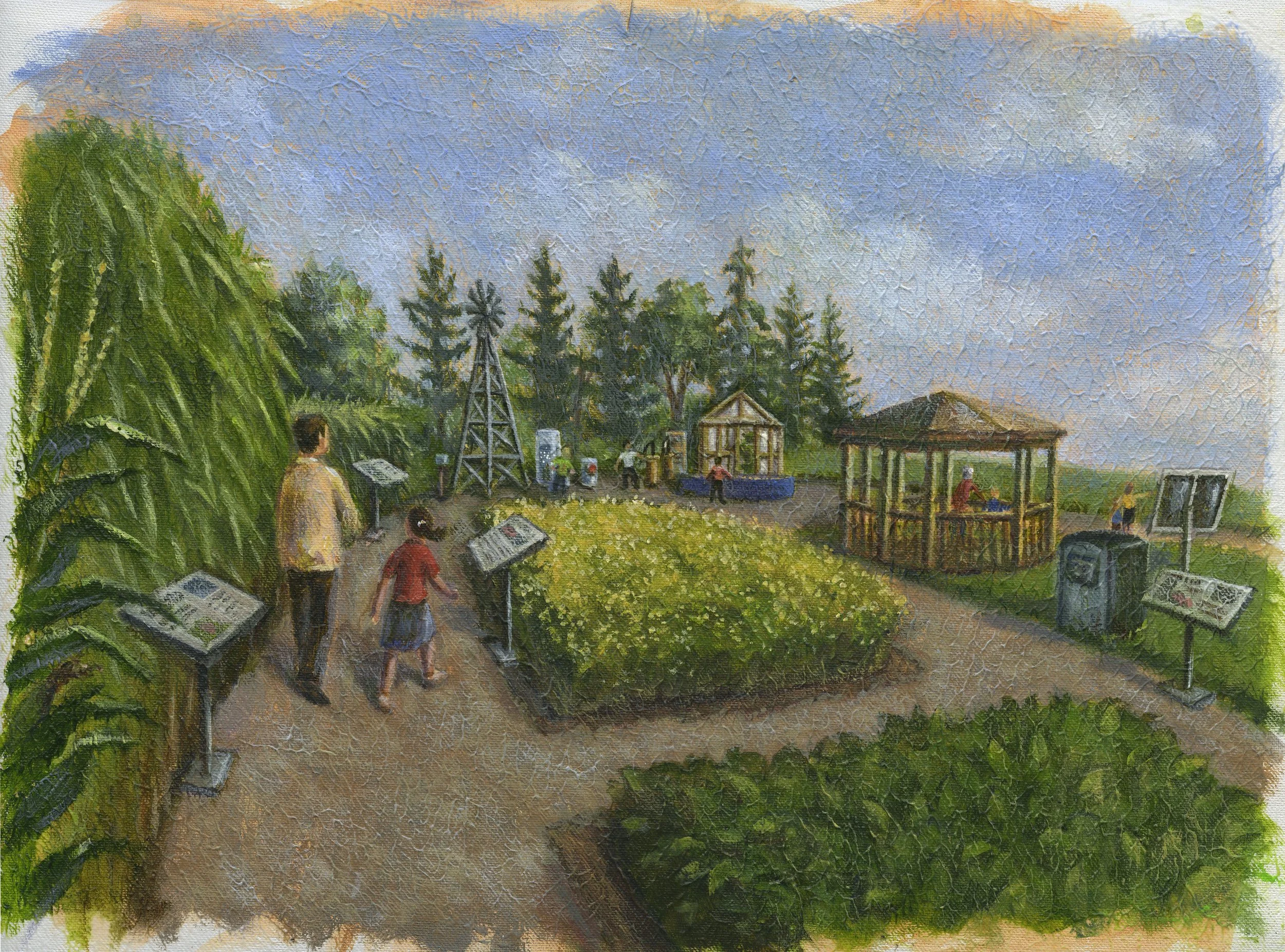 Painting of a small outdoor museum or park with informational displays, a gazebo, a pathway, and various visitors, including a family, surrounded by lush green trees and a cloudy sky.