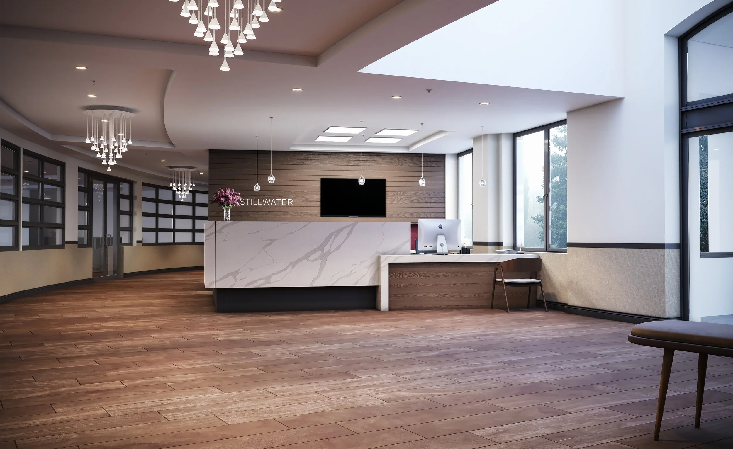 Modern hotel lobby with a reception desk, a large flat-screen TV, seating area, and large windows letting in natural light.