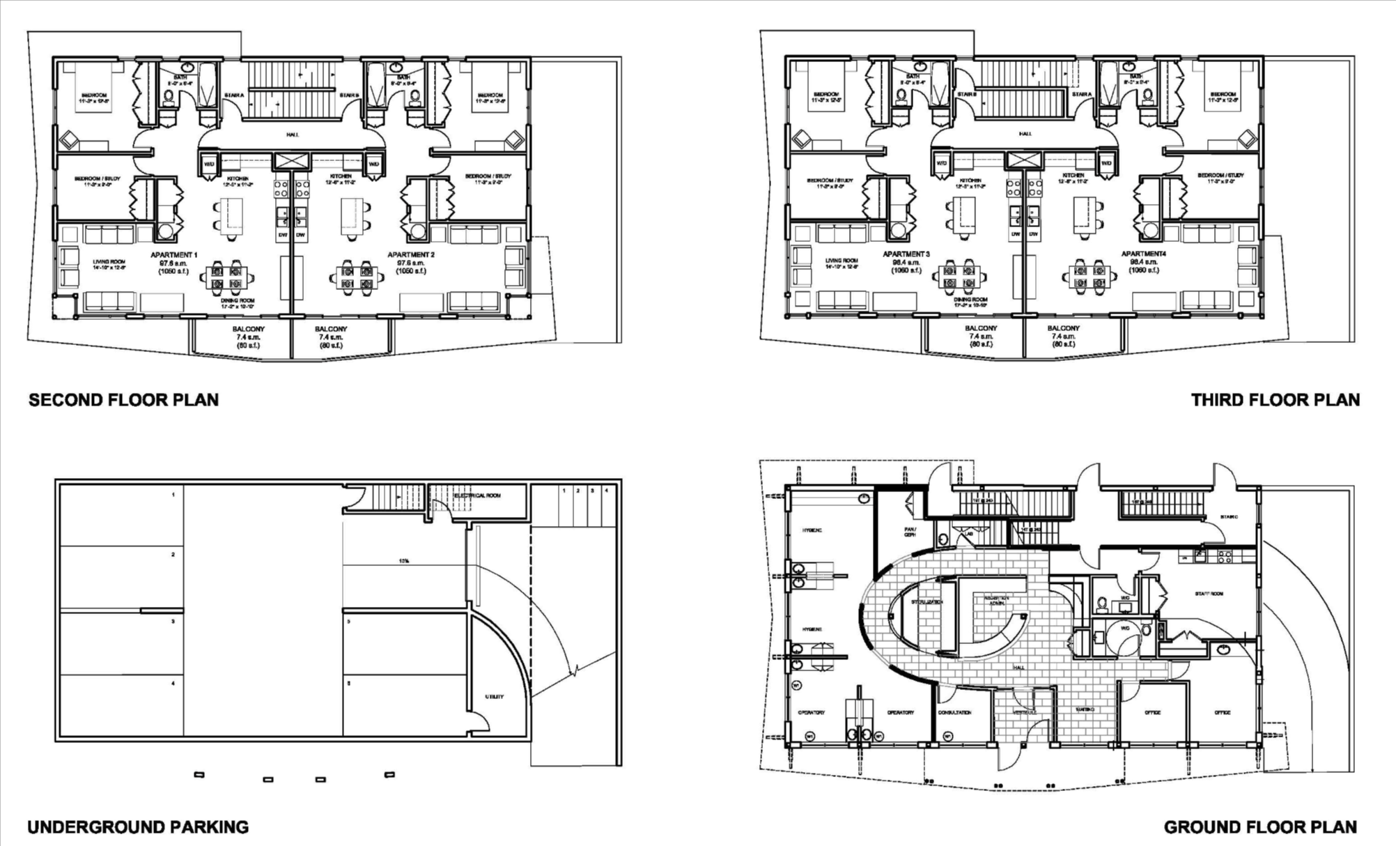 Architectural floor plans of a 3 storey mixed use building consisting of a dental office with residential units above, showing the ground floor, second floor, third floor, and underground parking layout.
