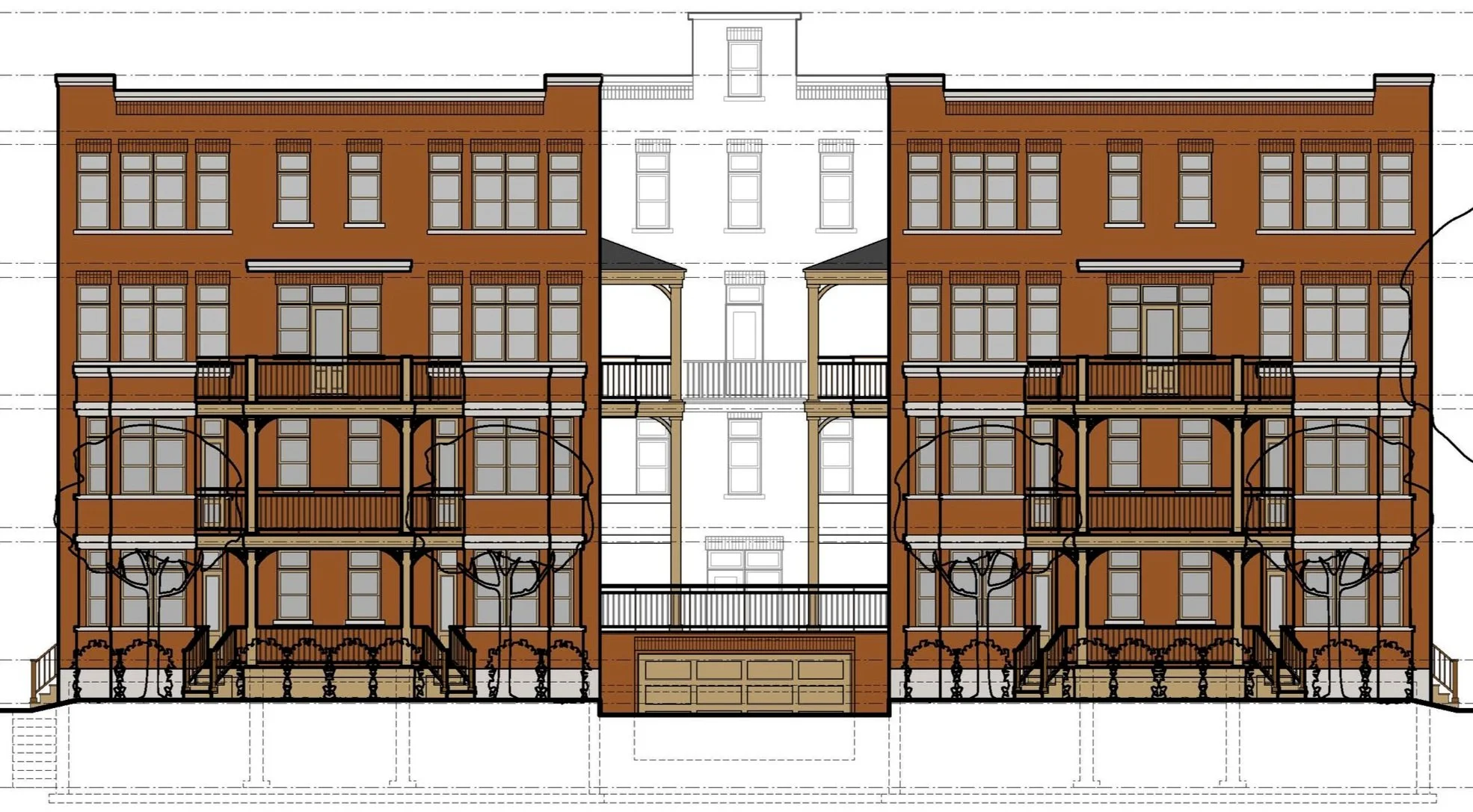 Architectural drawing of a three-story brick residential building with front steps, balconies, and trees in front.
