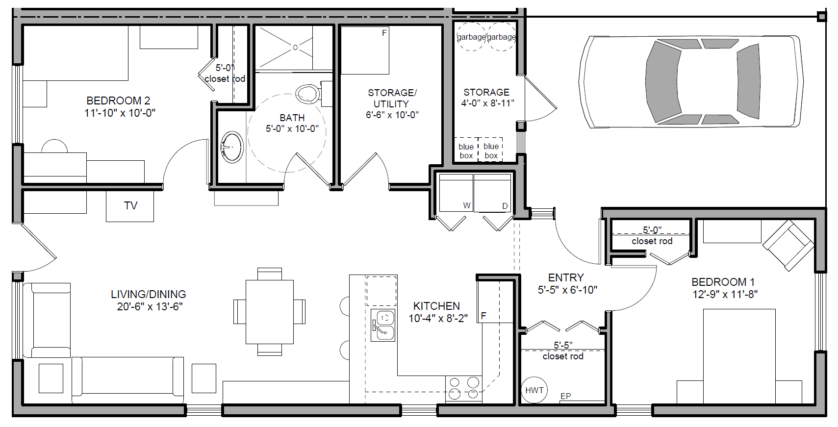 Floor plan of a house showing two bedrooms, a living/dining area, kitchen, bathroom, storage rooms, entryway, and garage, with various labels for measurements and features.