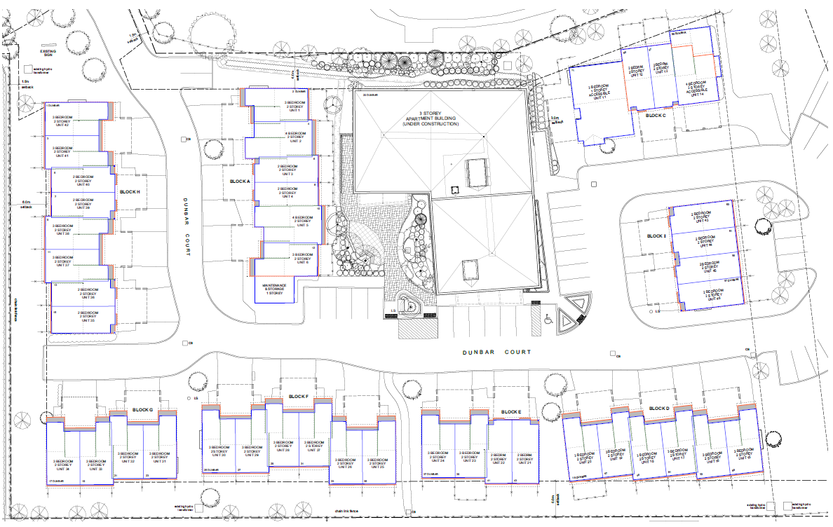 A detailed architectural site plan showing multiple residential building blocks, landscaped gardens, pathways, and parking areas, with labels for apartment units and infrastructure details.
