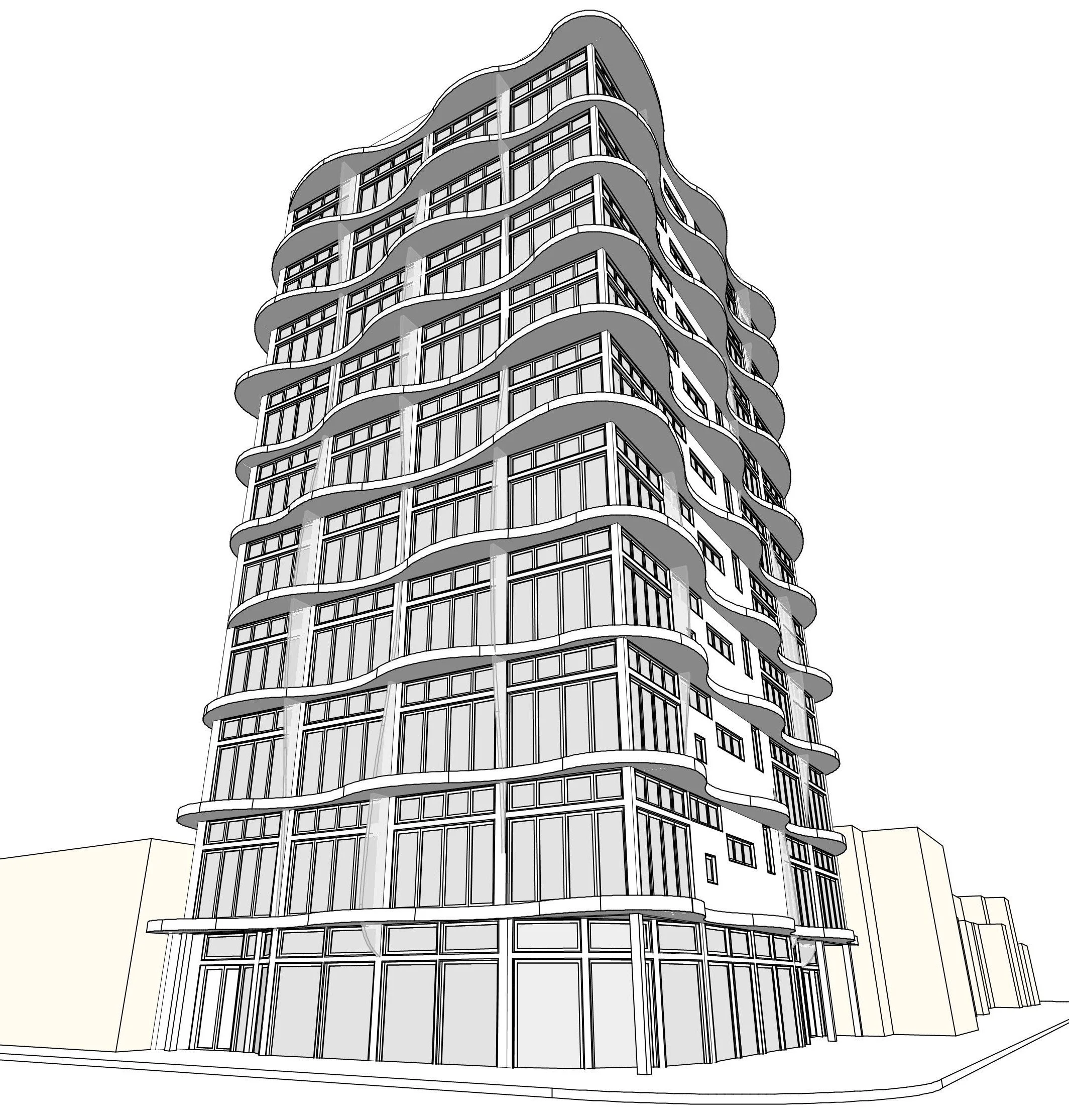 Sketch of a modern multi-story building with curved balconies and large glass windows.