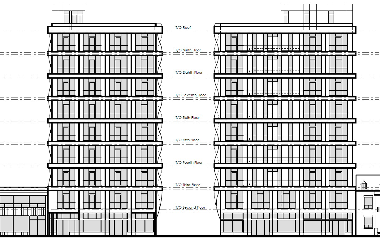 Architectural blueprint of a multi-story building showing floors, windows, and doors, with labels indicating different floors from second to ninth and roof level.