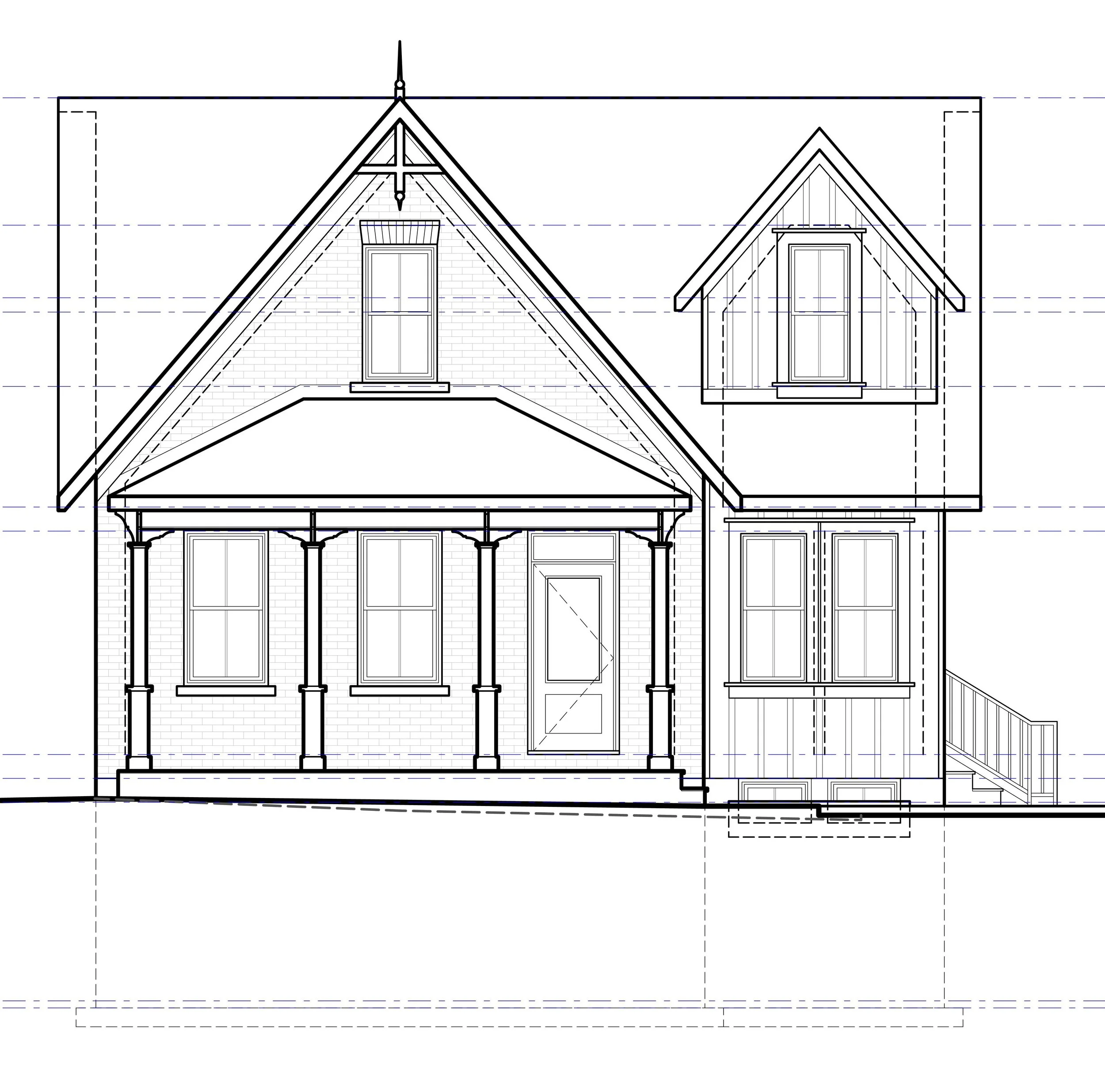 Architectural blueprint of a two-story house with a front porch, gabled roof, and multiple windows.