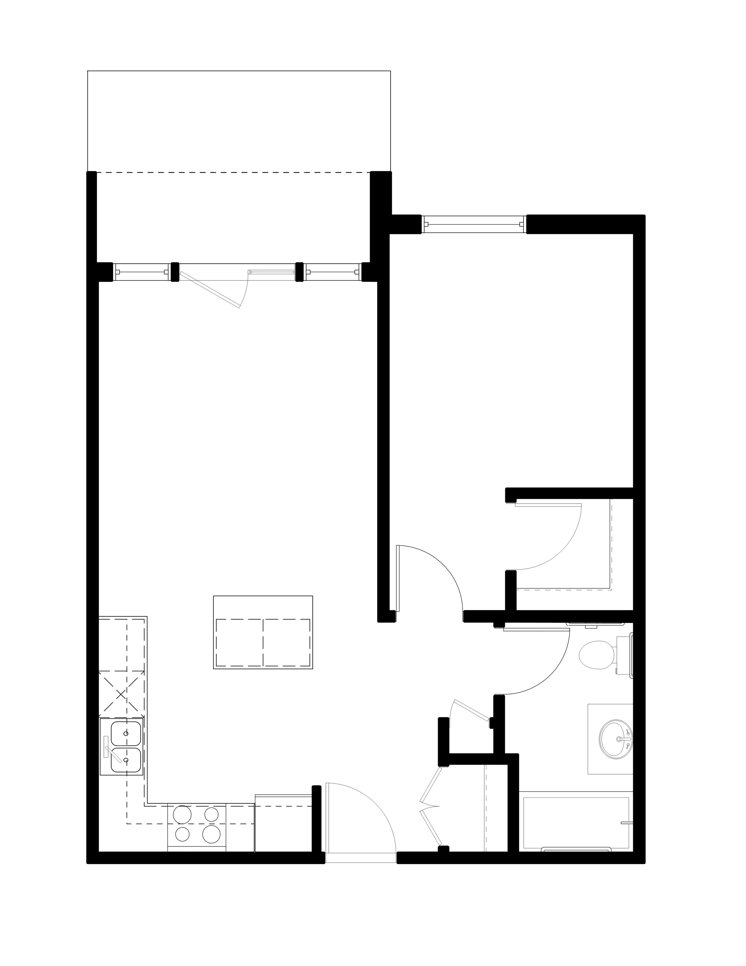 Floor plan of a small apartment with a kitchen, living area, bedroom, bathroom, and balcony.