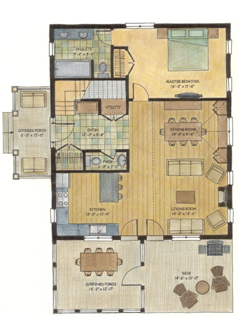 Floor plan of a house showing a covered porch, screened porch, kitchen, living room, dining room, master bedroom with ensuite bathroom, additional bathroom, utility room, and deck.