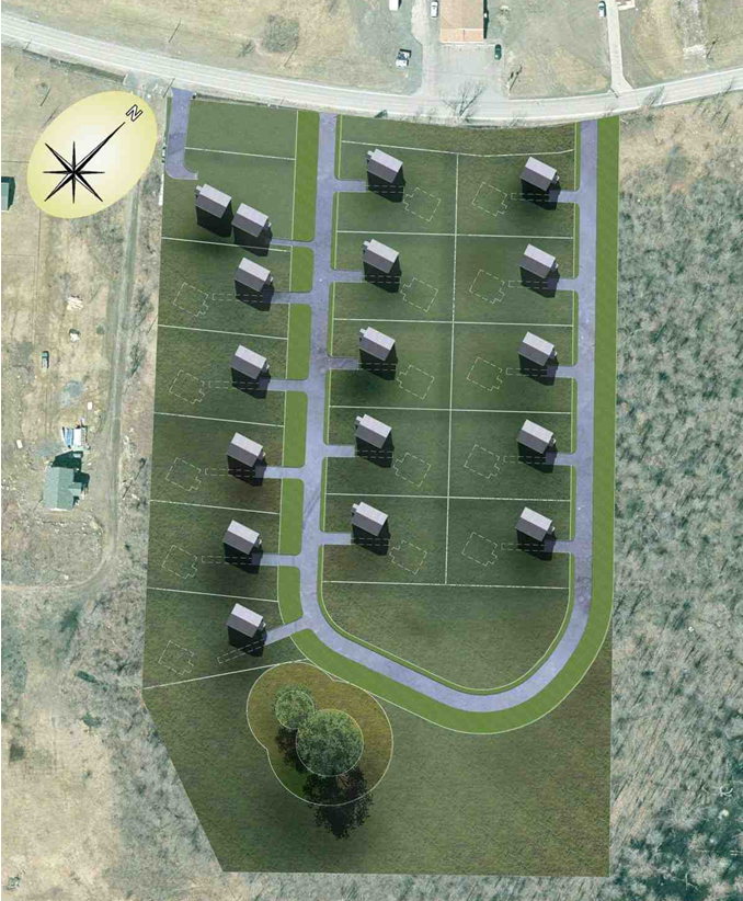 Aerial view of a residential housing development with 16 single-family homes, each with a driveway, on a green lot. The development is bordered by a curved road at the top and surrounded by trees and open land.