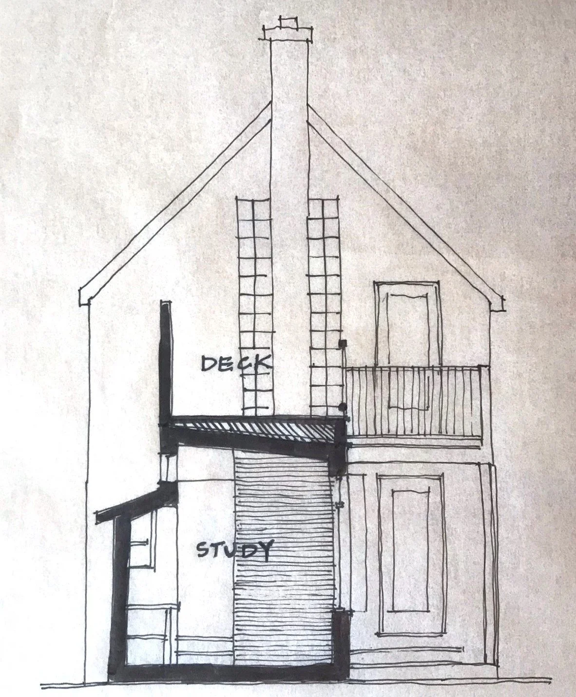 A hand-drawn architectural sketch of a two-story house with a sloped roof, a chimney, and labeled areas: a deck and a study, with window and door outlines.