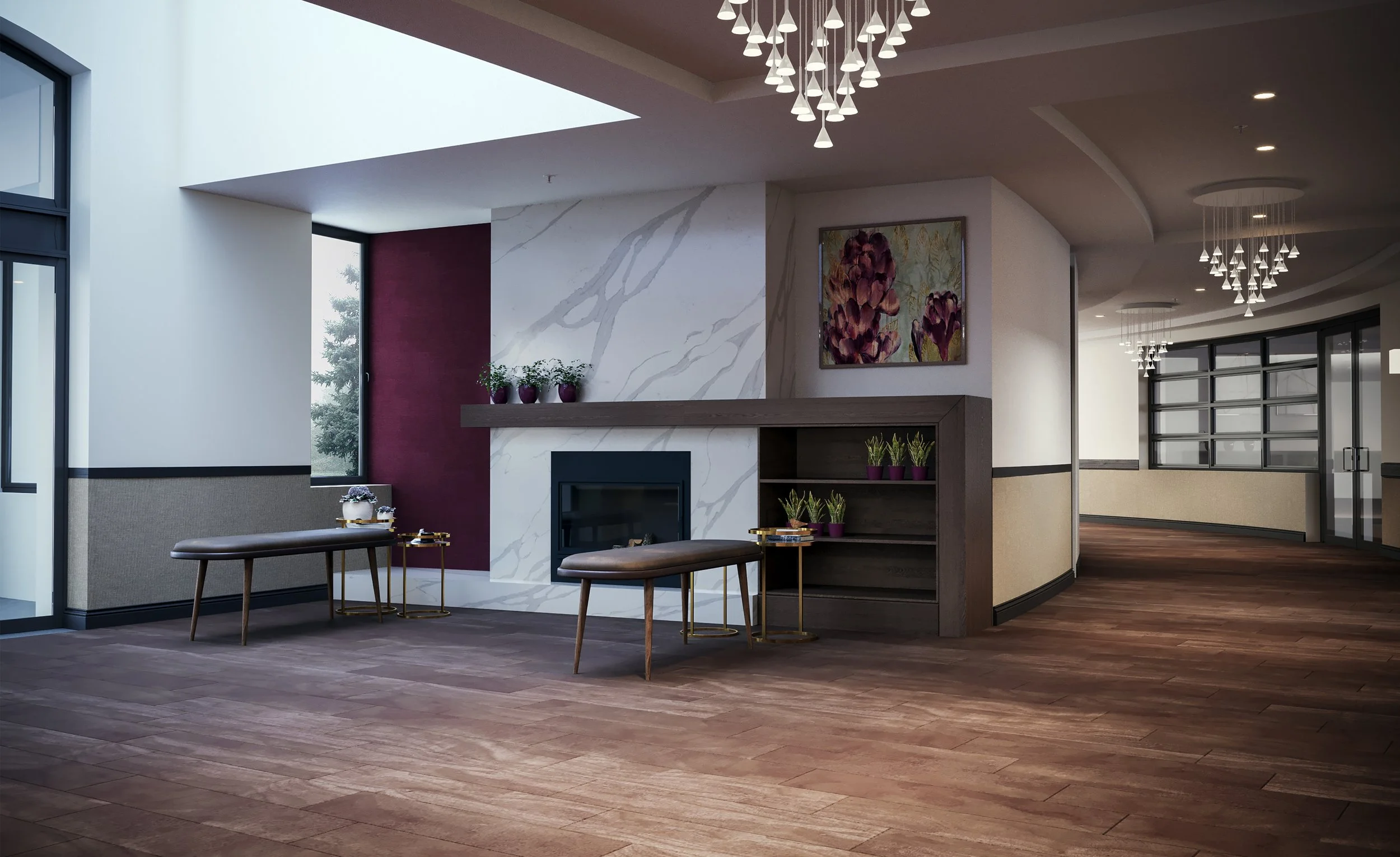 Modern interior living space with wooden flooring, a fireplace with white marble surround, a floral painting, and seating with side tables decorated with plants and ornaments. There is a large window and contemporary light fixtures hanging from the ceiling.